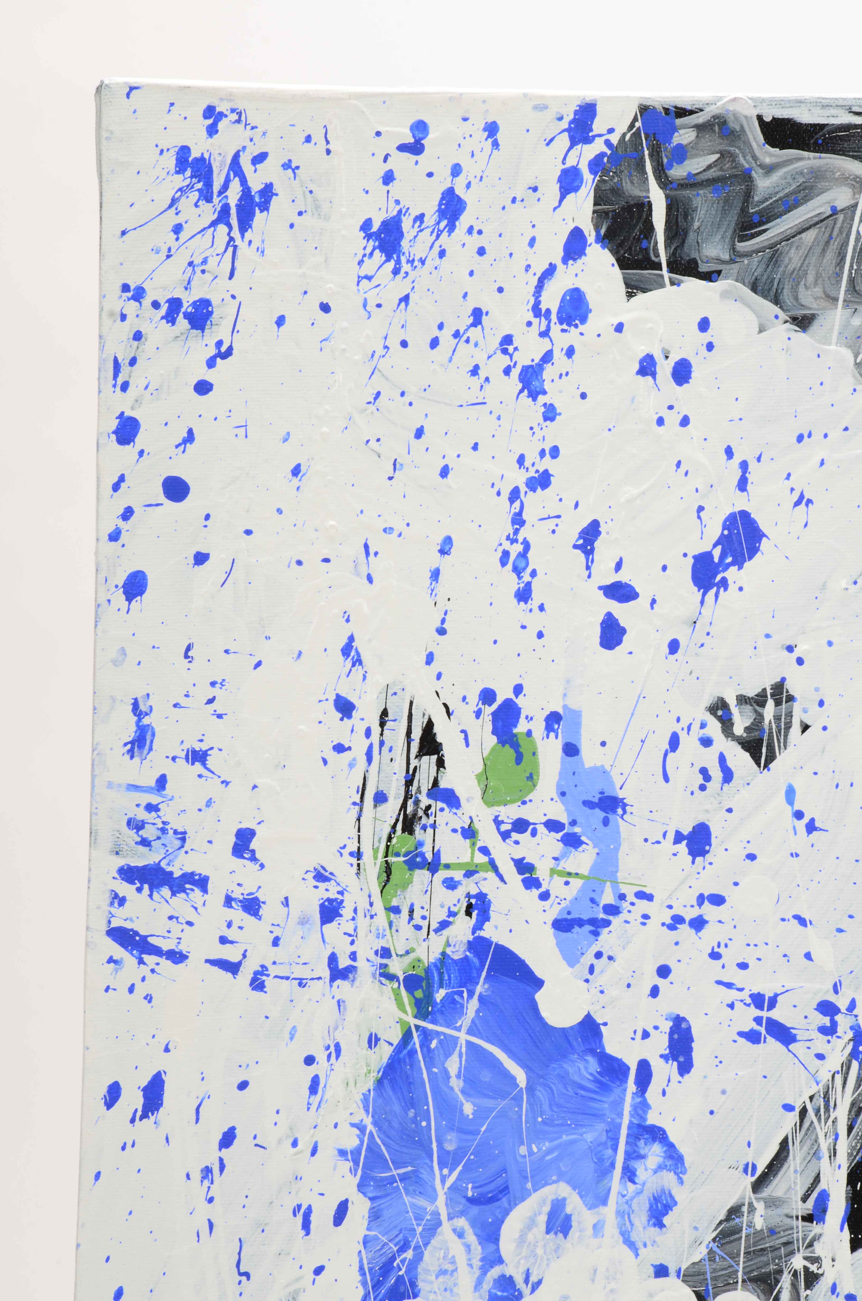 J. Popolin Acrylic on Canvas "White Black Blue Drips"