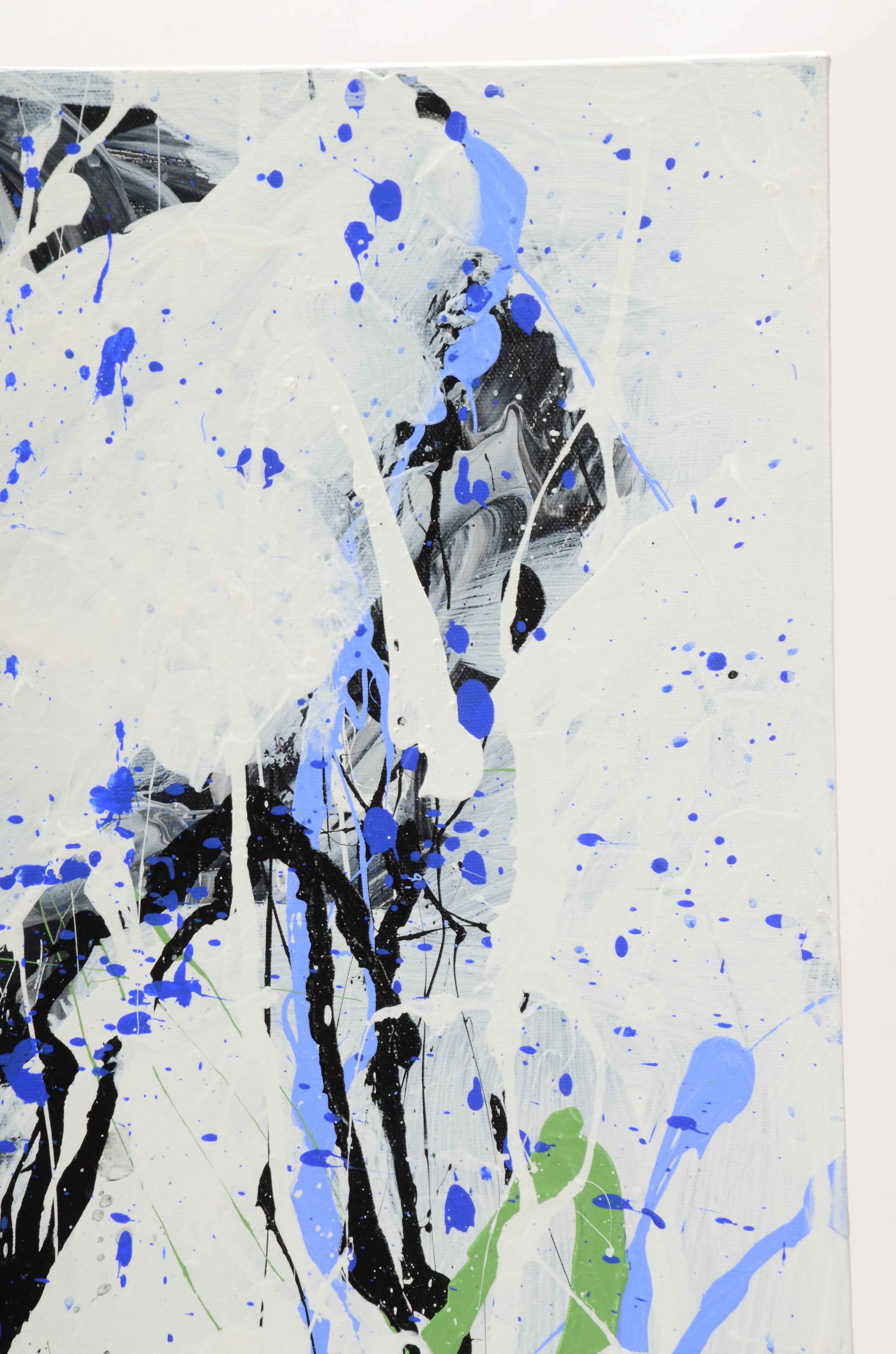 J. Popolin Acrylic on Canvas "White Black Blue Drips"