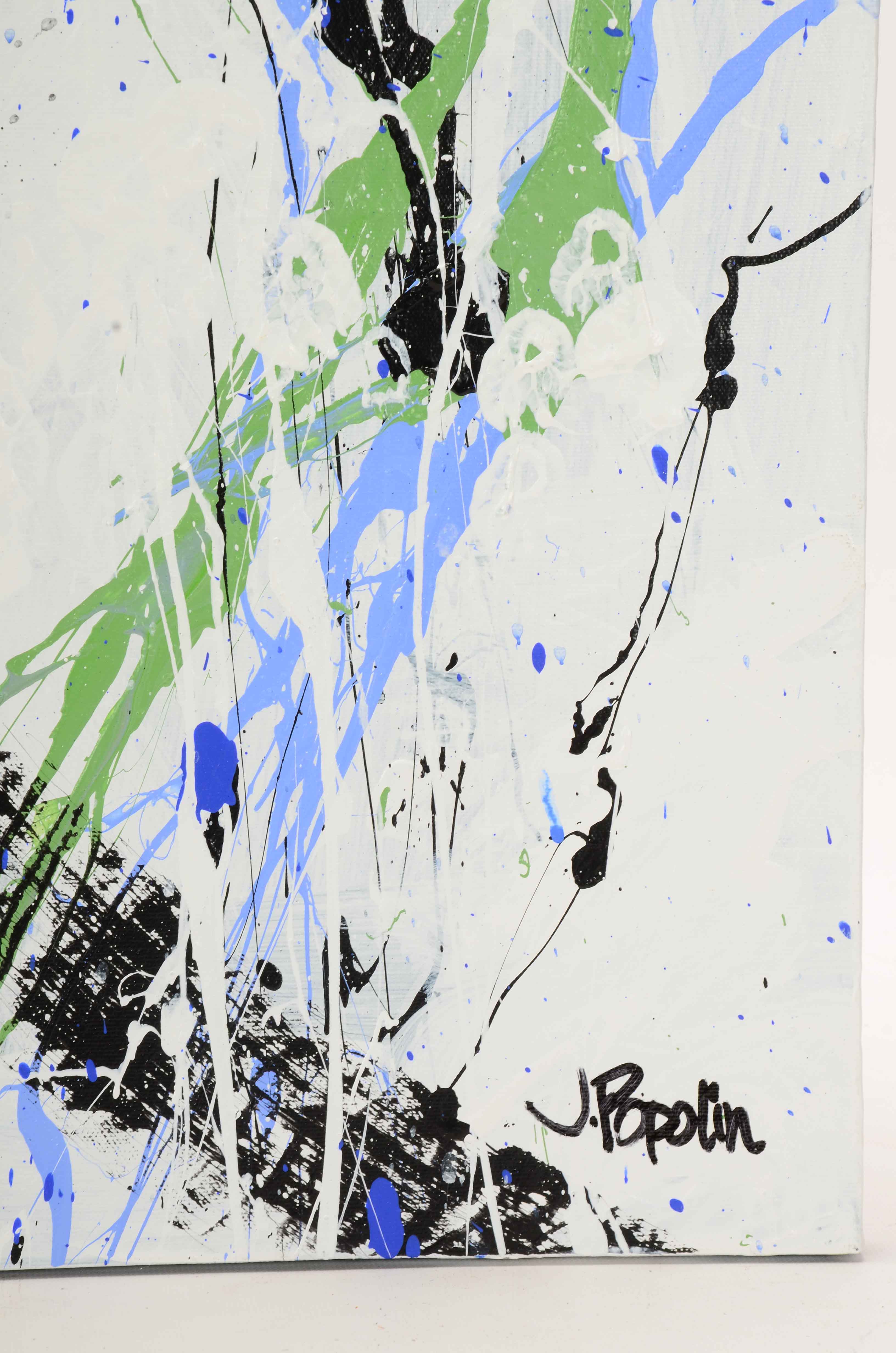 J. Popolin Acrylic on Canvas "White Black Blue Drips"