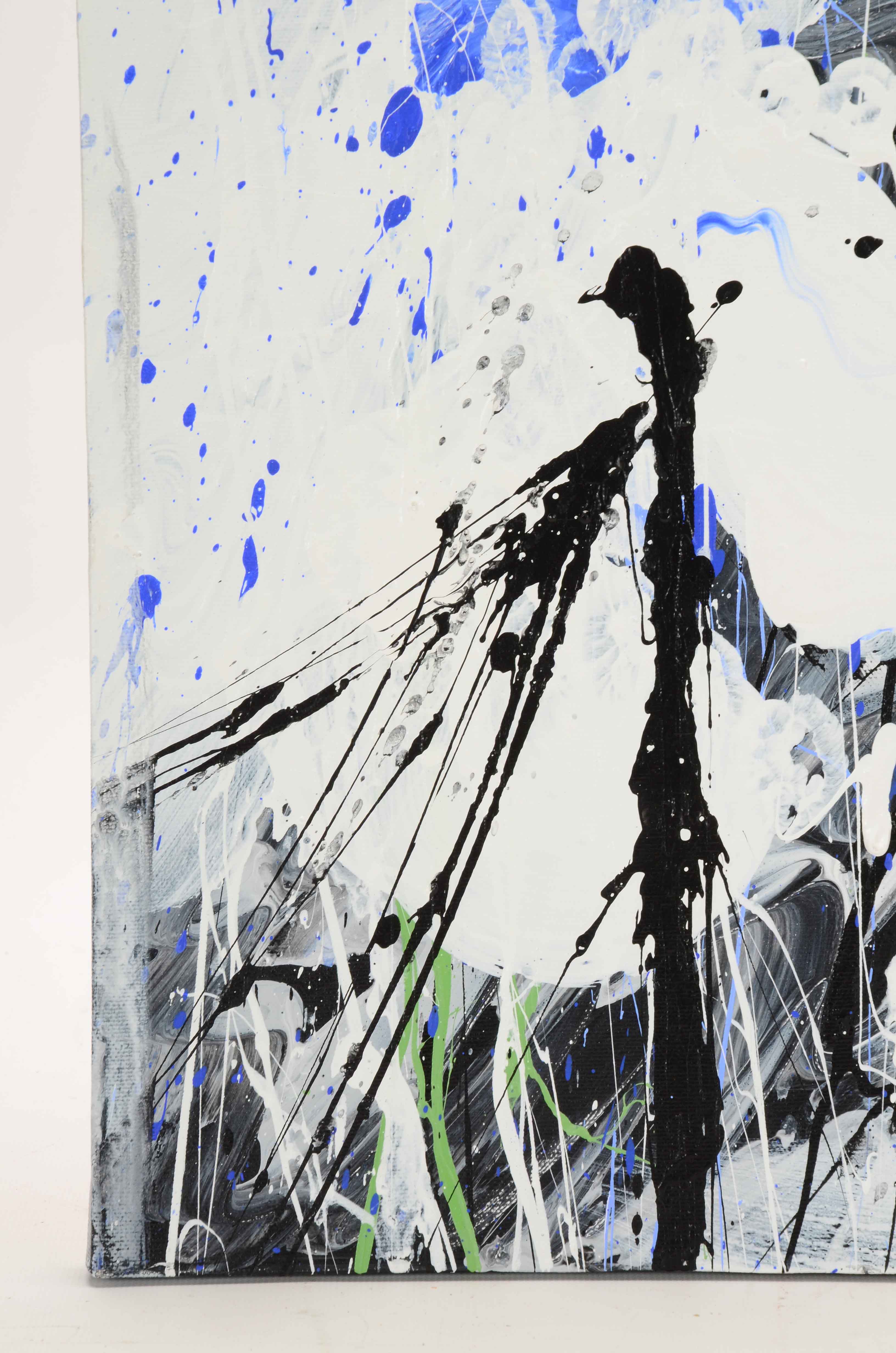 J. Popolin Acrylic on Canvas "White Black Blue Drips"