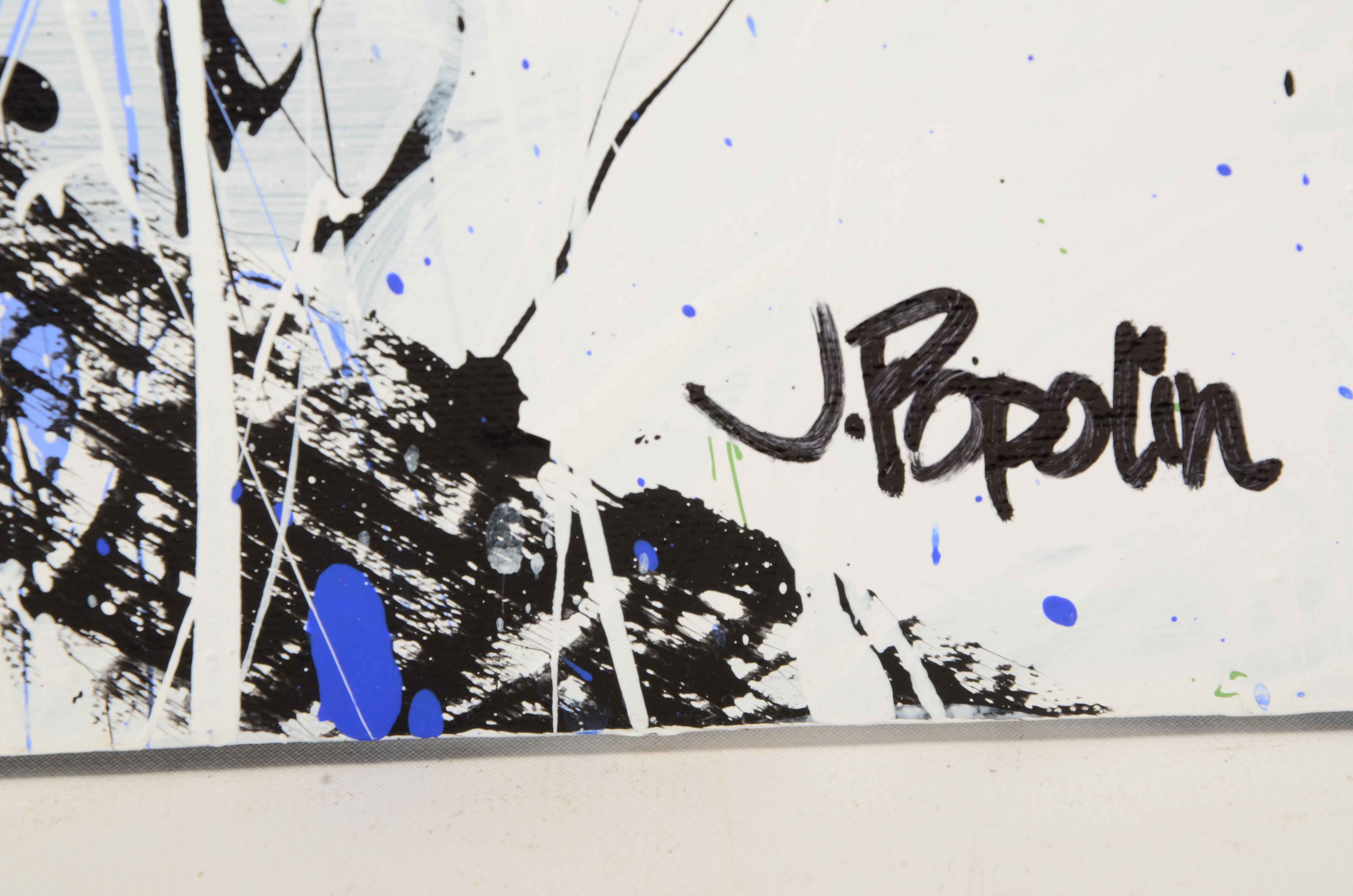 J. Popolin Acrylic on Canvas "White Black Blue Drips"