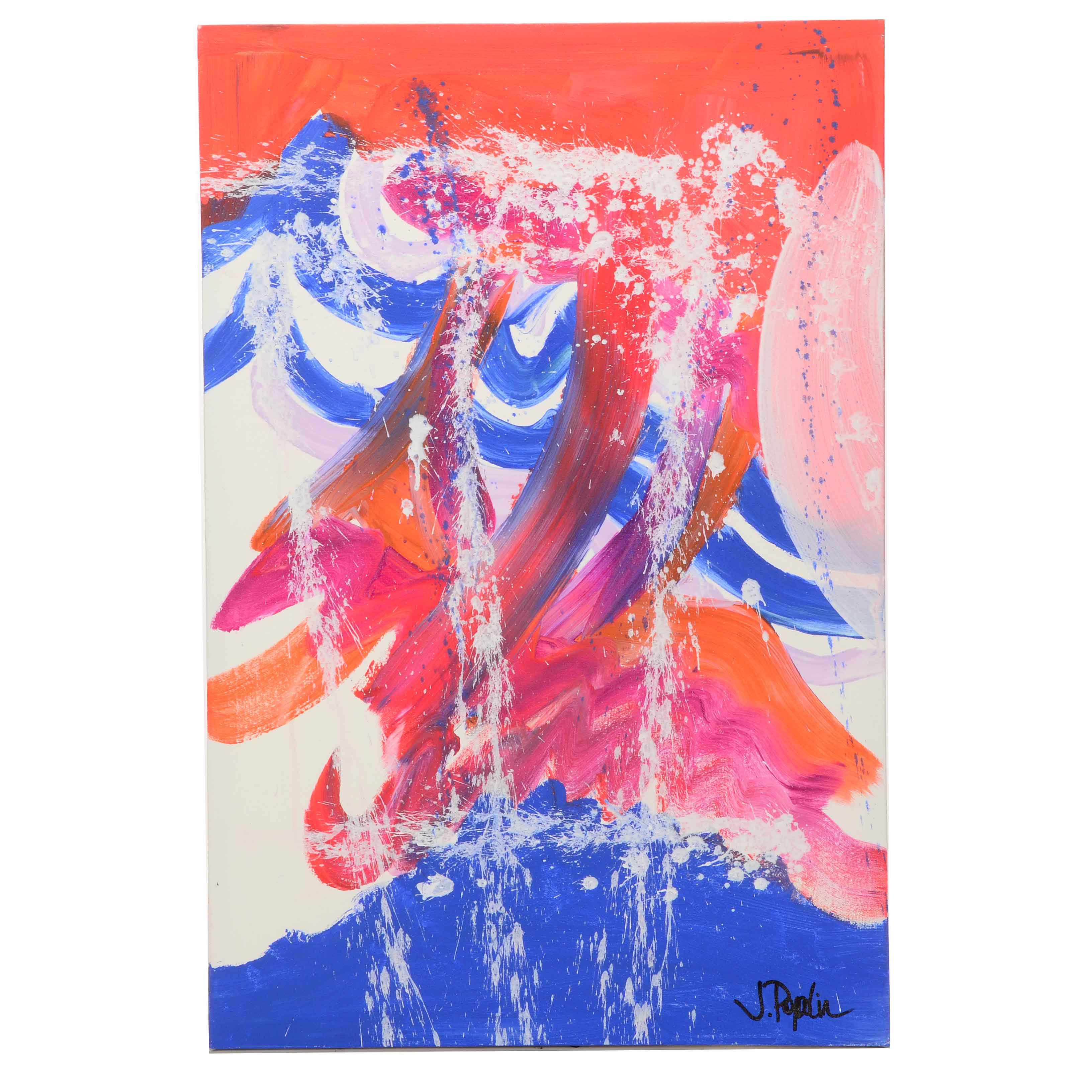J. Popolin Acrylic Painting on Canvas "Orange, Blue, White Drips FC"