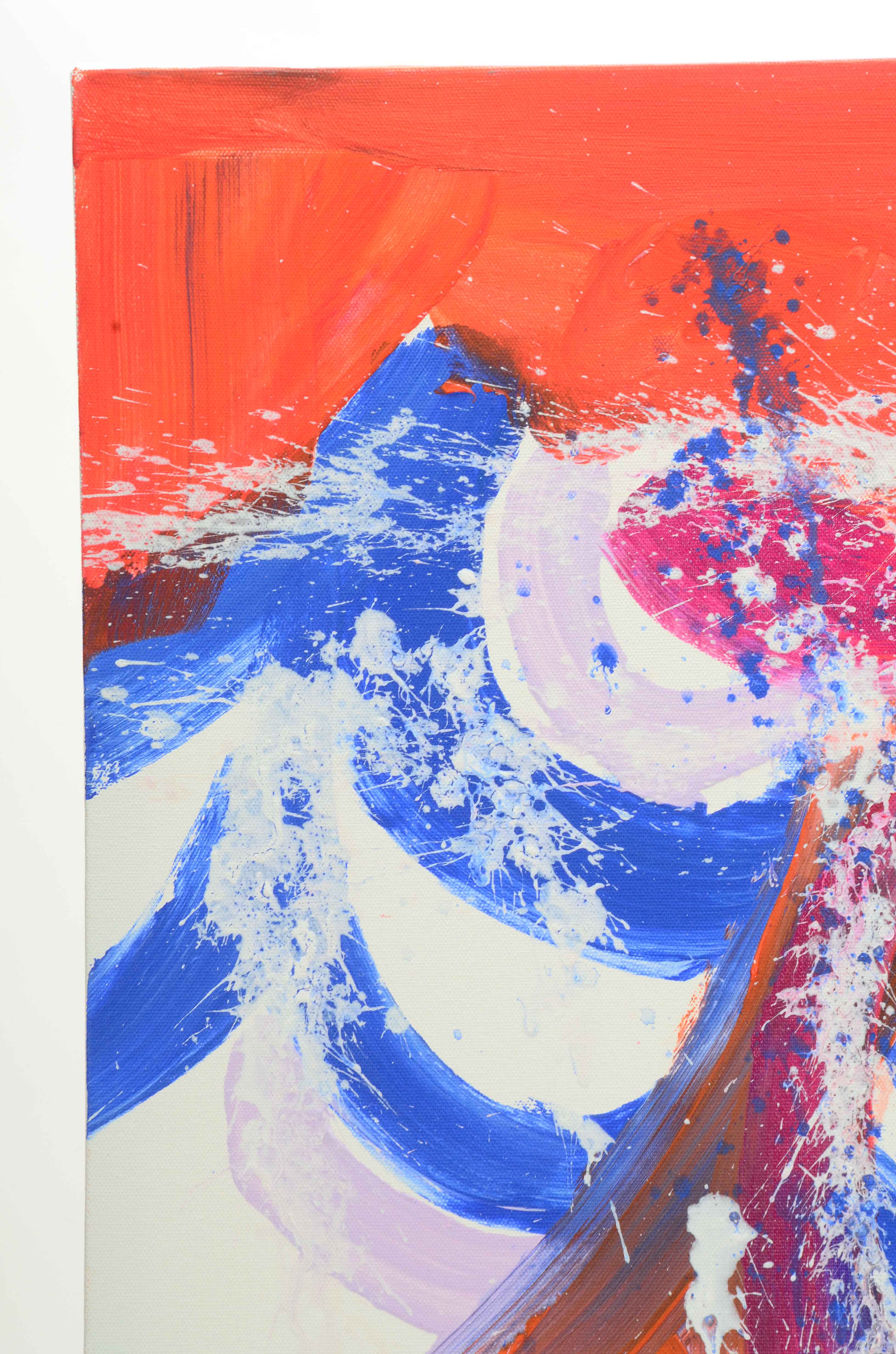 J. Popolin Acrylic Painting on Canvas "Orange, Blue, White Drips FC"