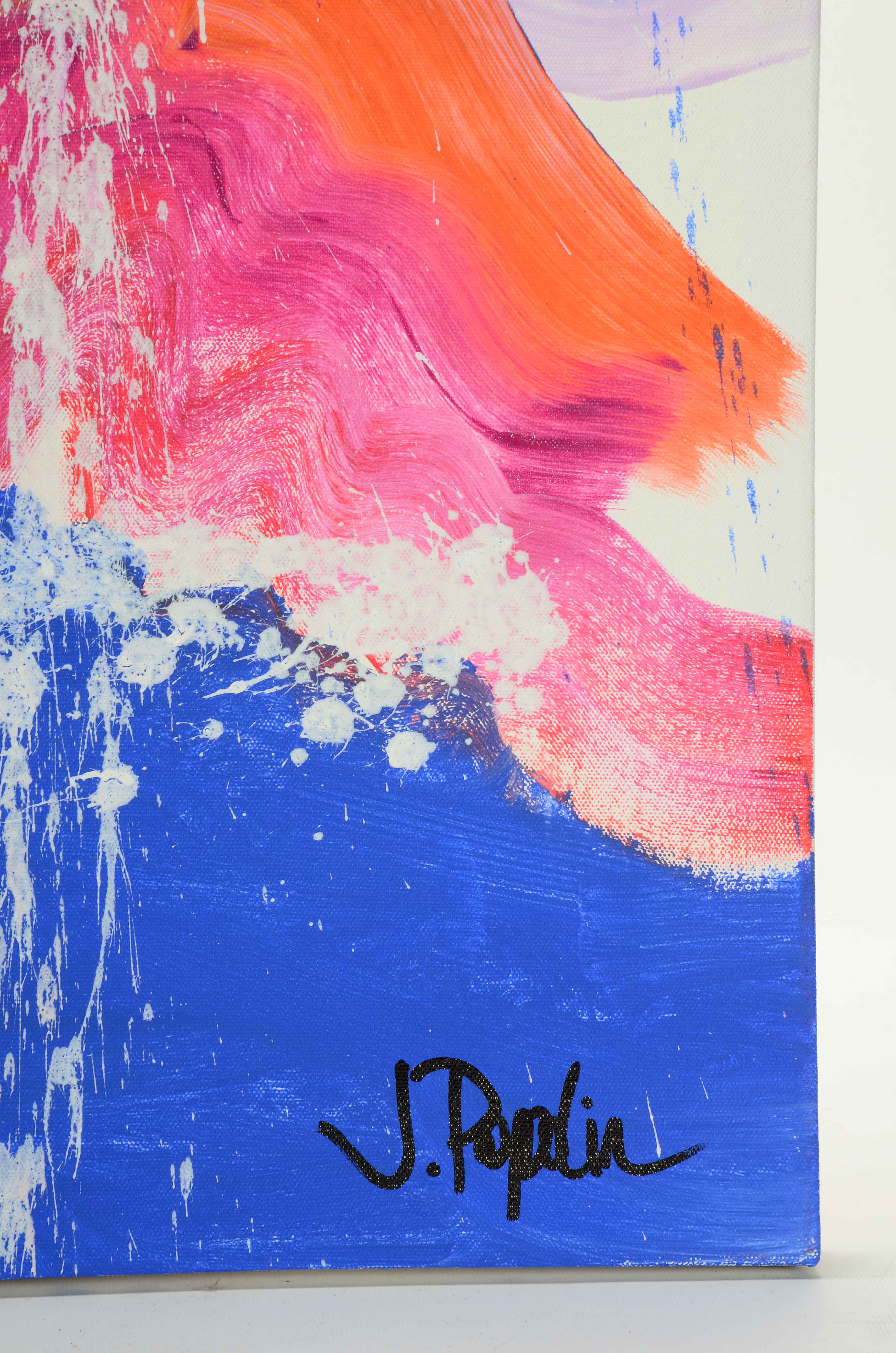 J. Popolin Acrylic Painting on Canvas "Orange, Blue, White Drips FC"
