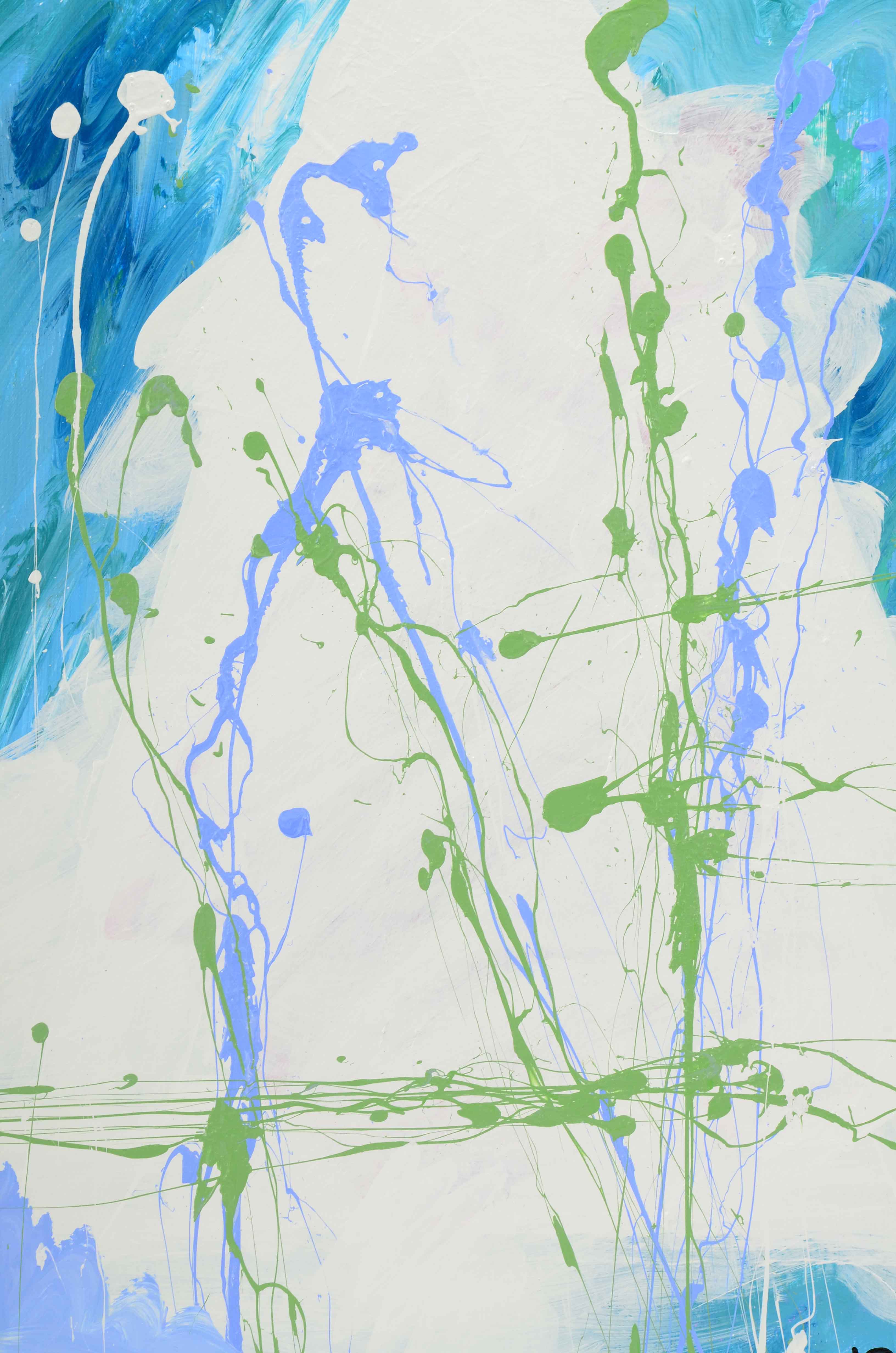 J. Popolin Acrylic Painting on Canvas "White Triangle Blue Green Dots"