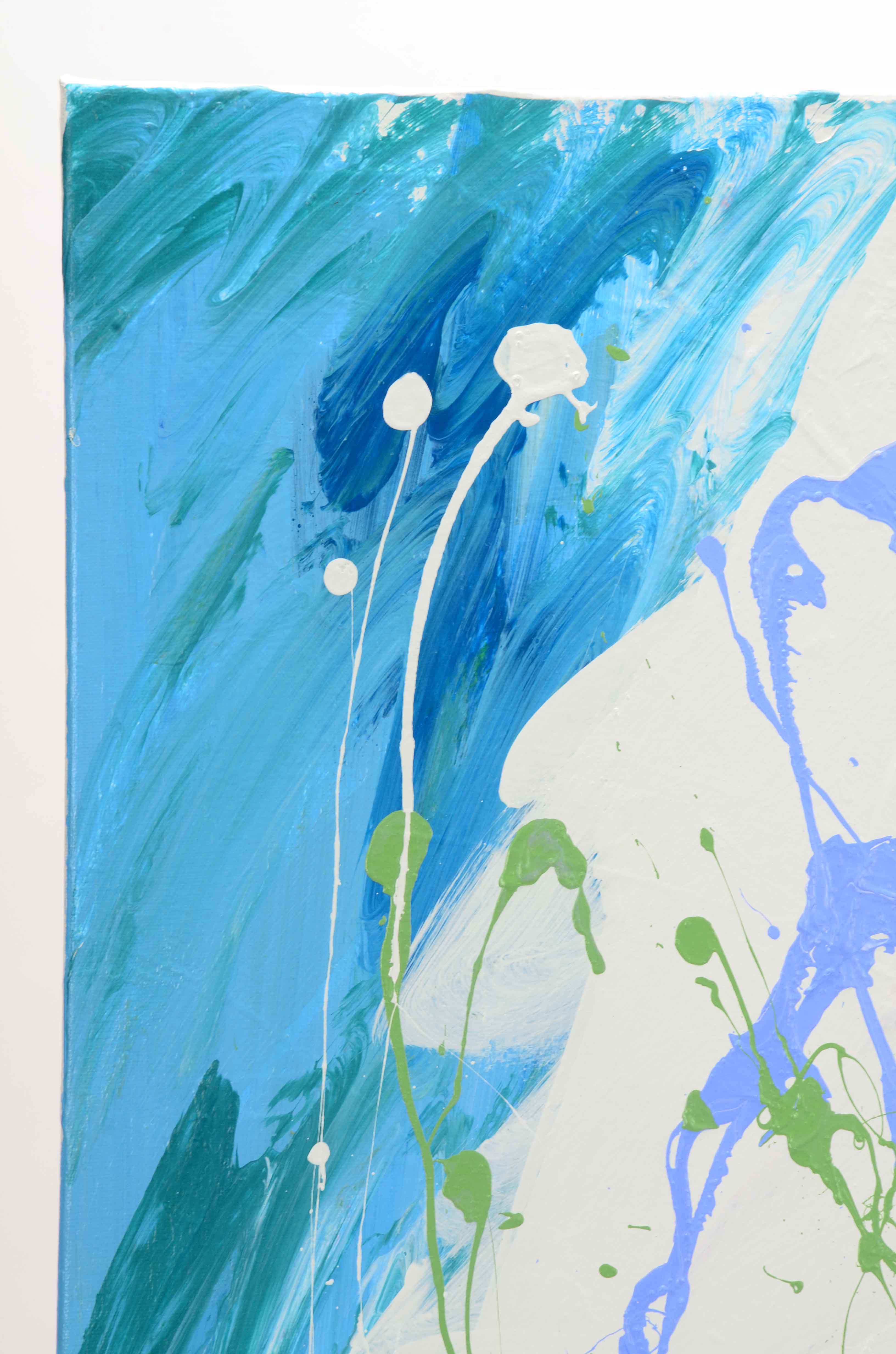 J. Popolin Acrylic Painting on Canvas "White Triangle Blue Green Dots"