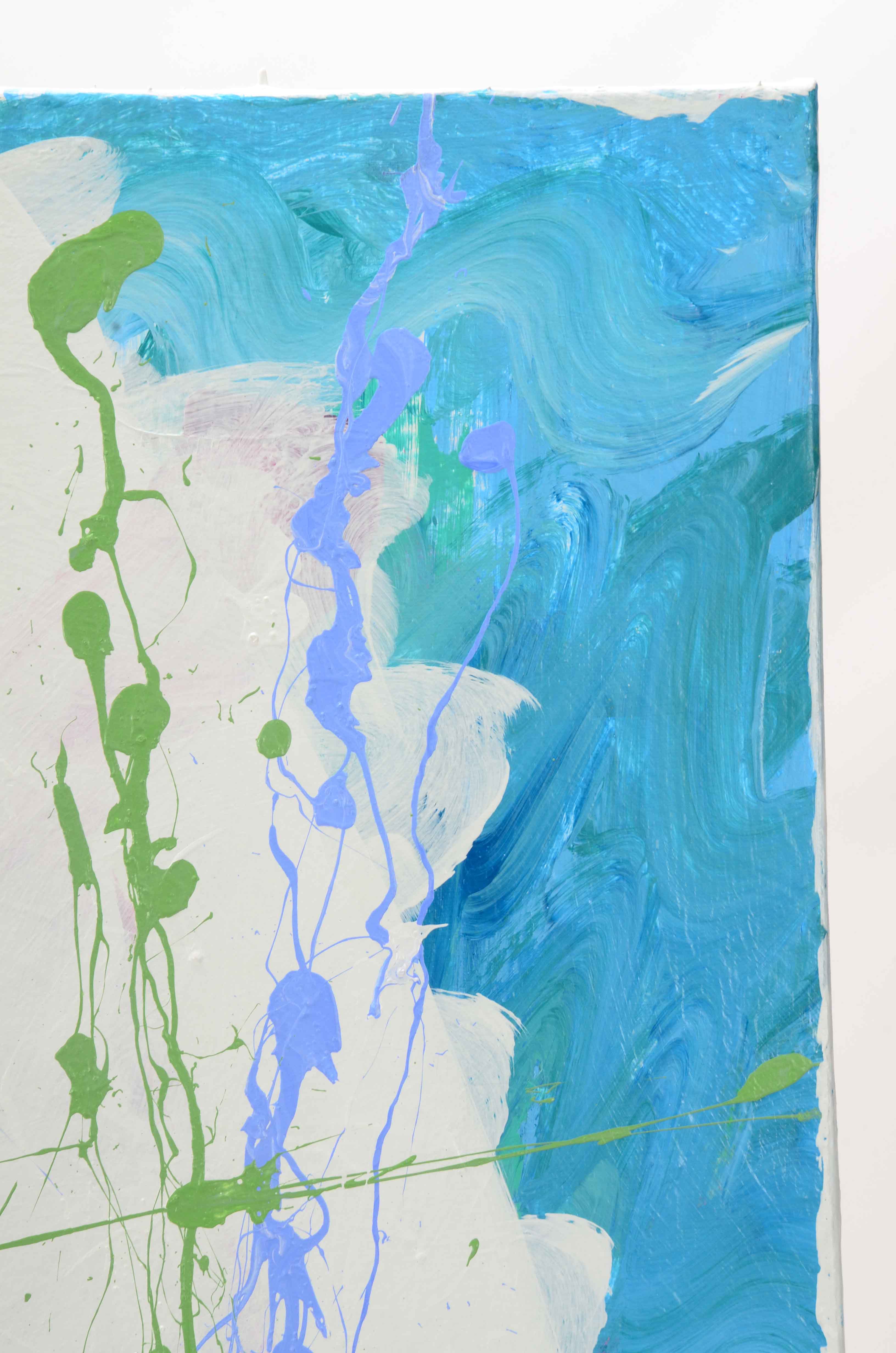 J. Popolin Acrylic Painting on Canvas "White Triangle Blue Green Dots"