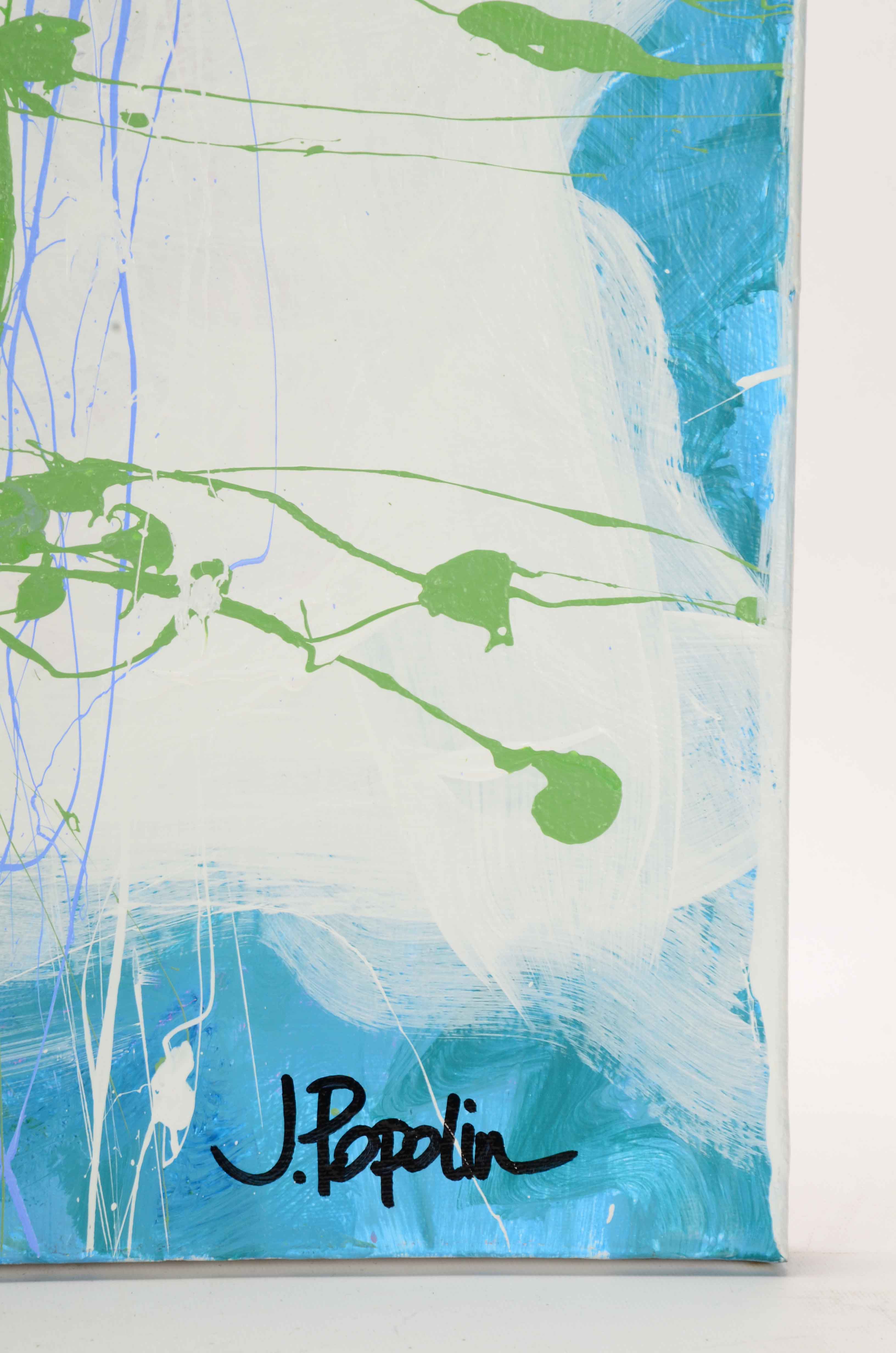 J. Popolin Acrylic Painting on Canvas "White Triangle Blue Green Dots"
