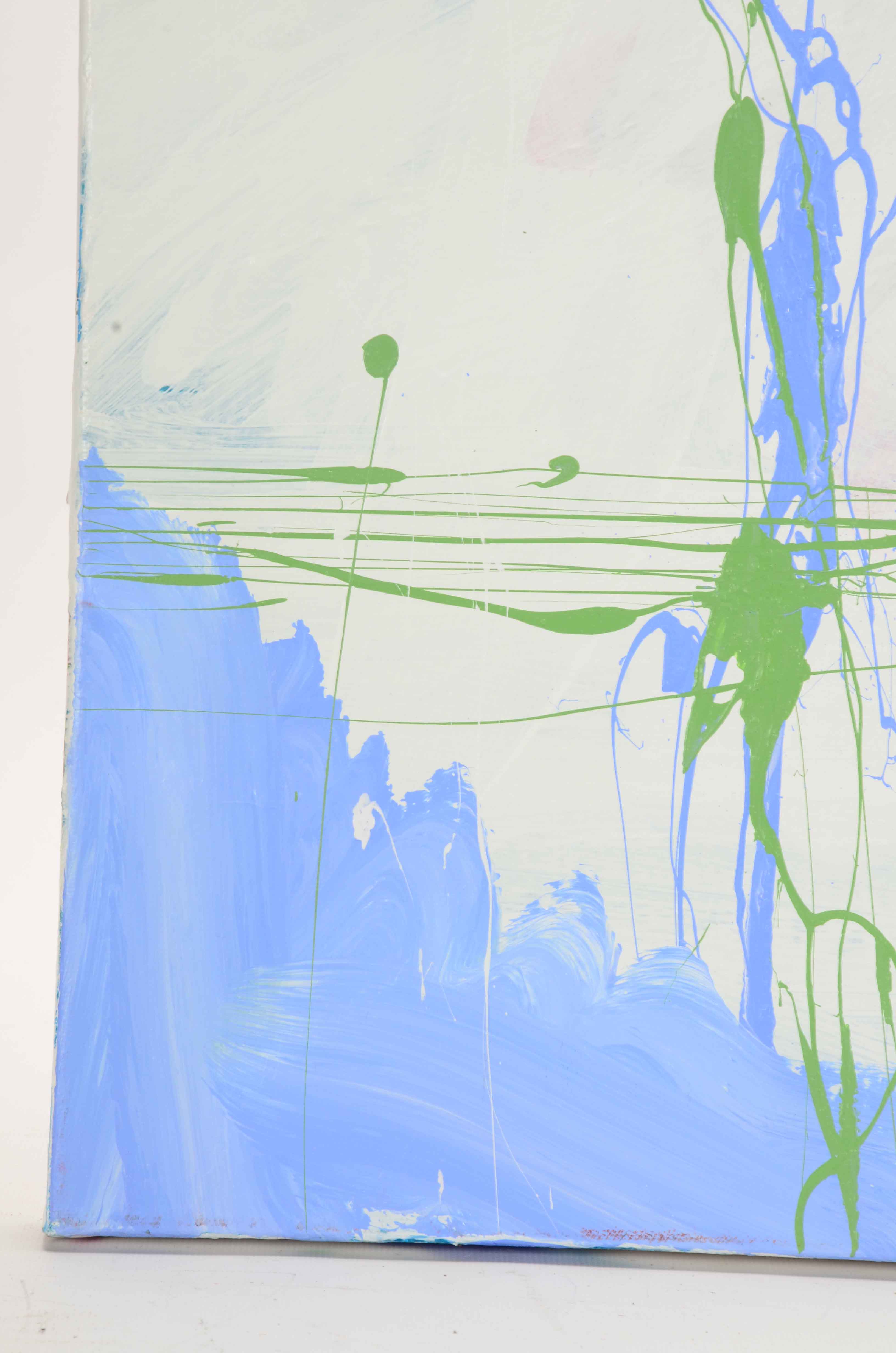 J. Popolin Acrylic Painting on Canvas "White Triangle Blue Green Dots"