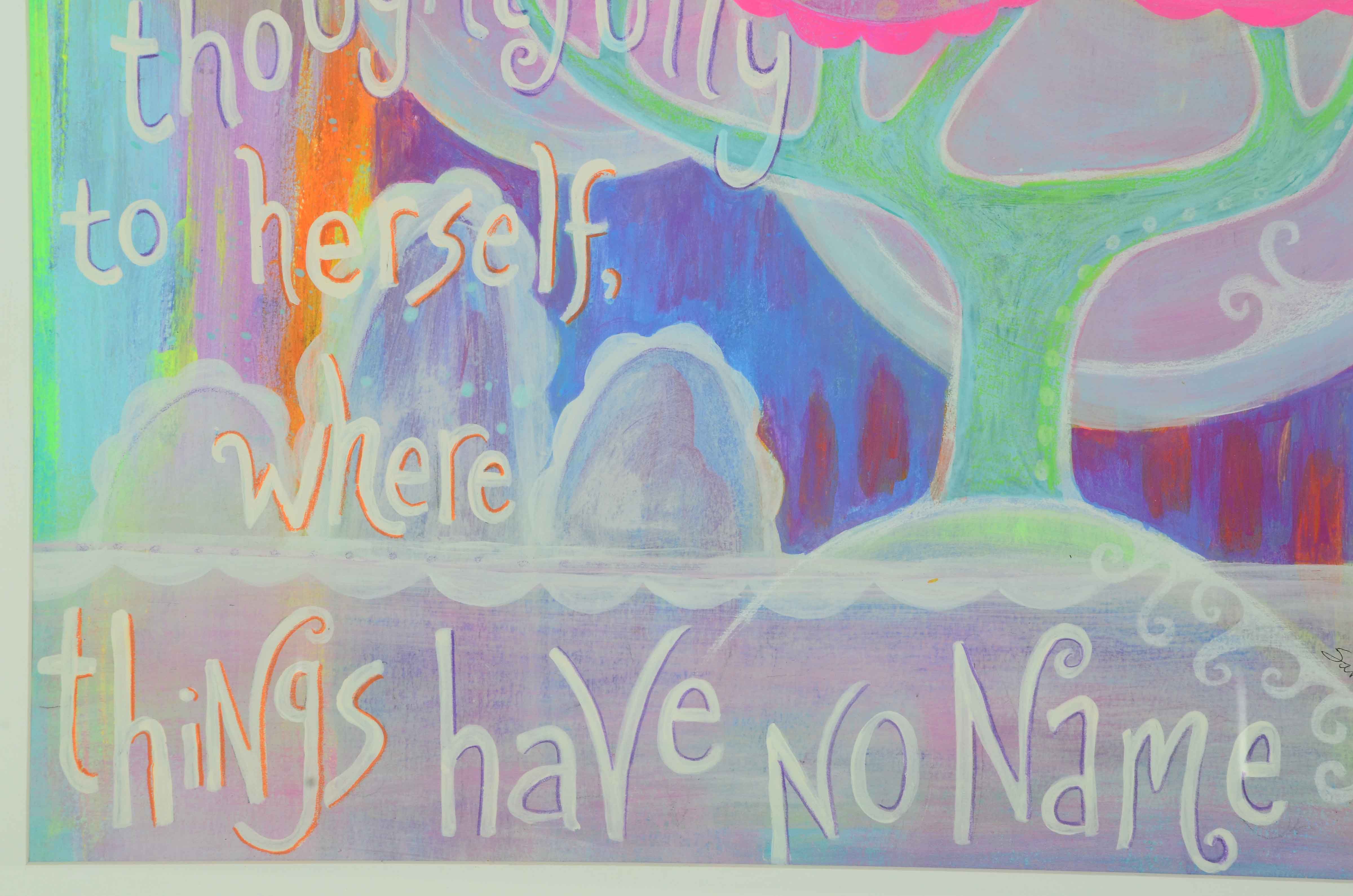 Signed Mixed Media Painting of a Whimsical Landscape Inspired by Lewis Carroll