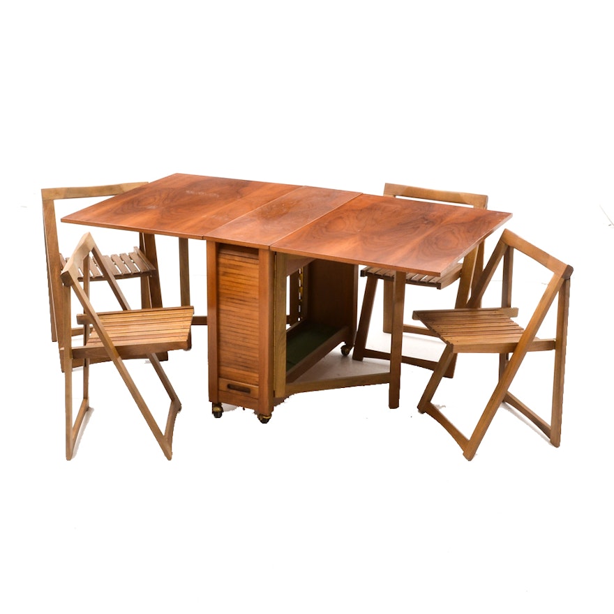 Mid Century Modern Romanian Folding Drop Leaf Table and Chairs