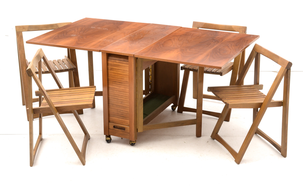 Mid Century Modern Romanian Folding Drop Leaf Table and Chairs