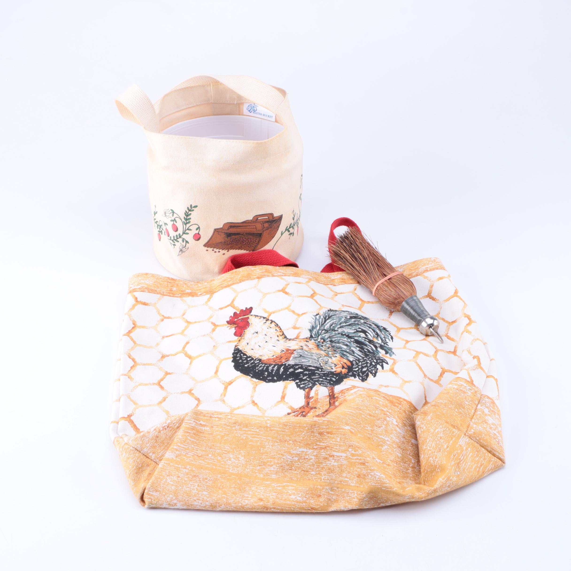 Water Bucket in Canvas Tote, Broom and Canvas Tote