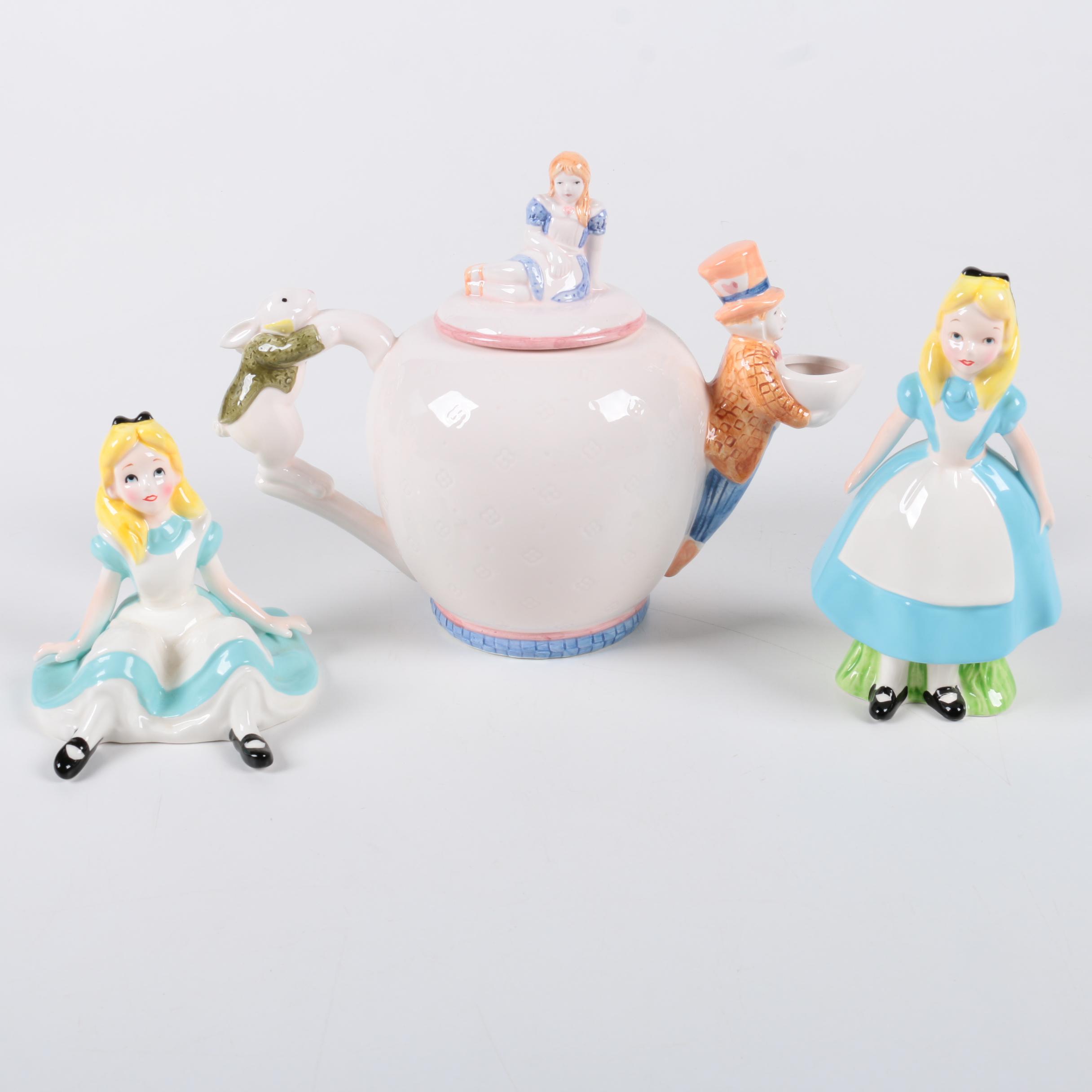Ceramic "Alice in Wonderland" Teapot and Figurines
