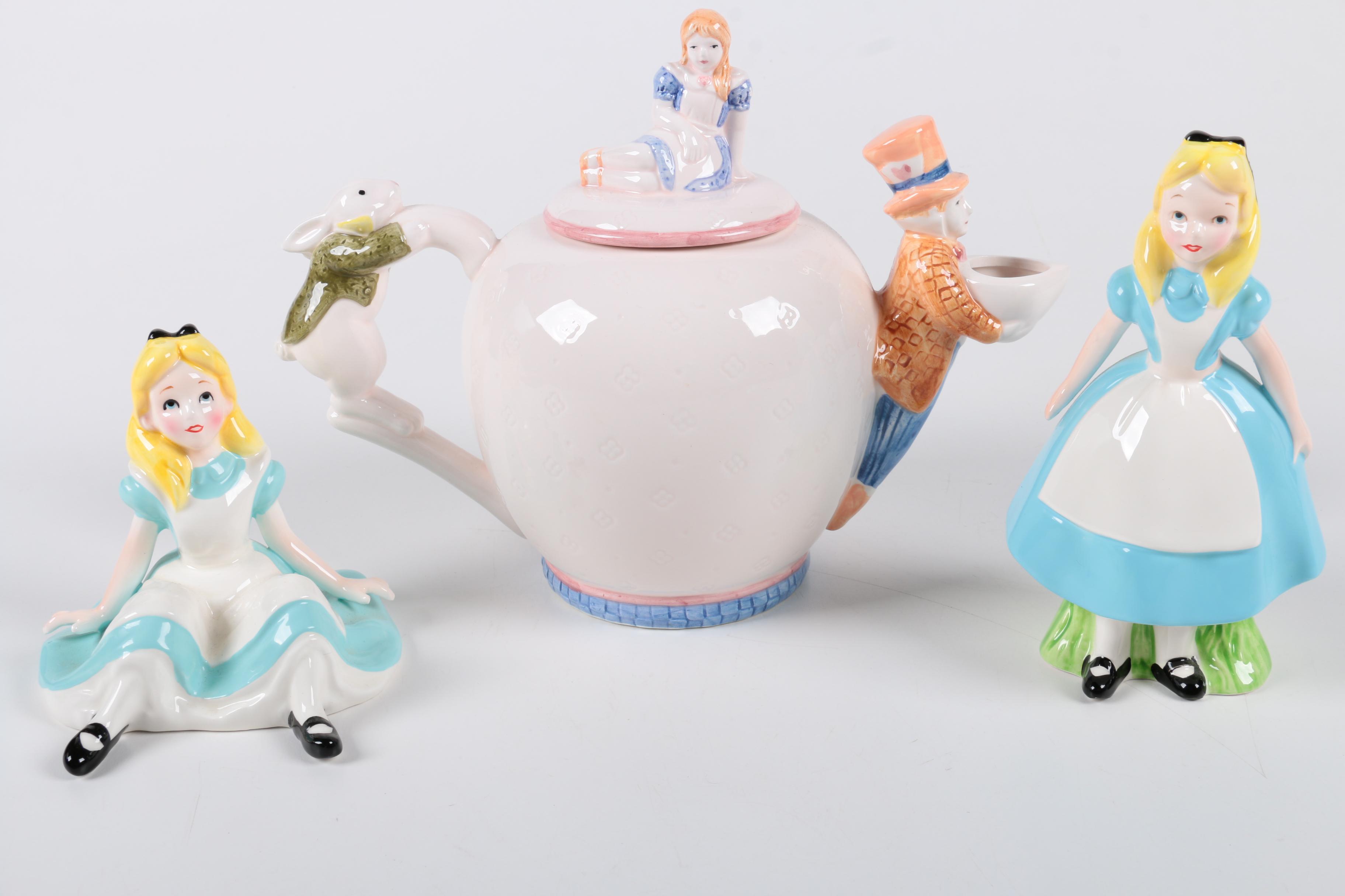 Ceramic "Alice in Wonderland" Teapot and Figurines