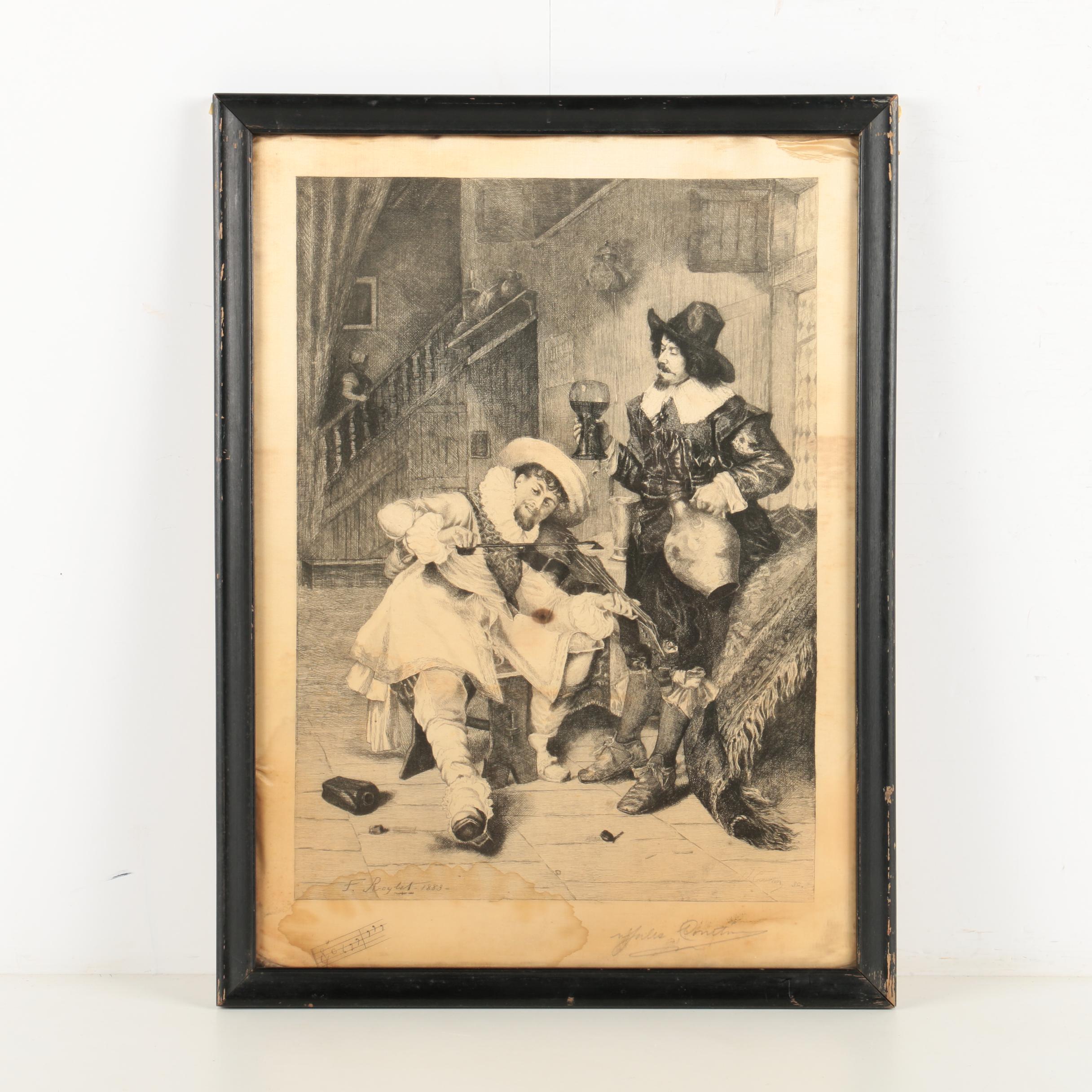 Jules Courtin Etching on Silk After Ferdinand Roybet "The Drinking Song"