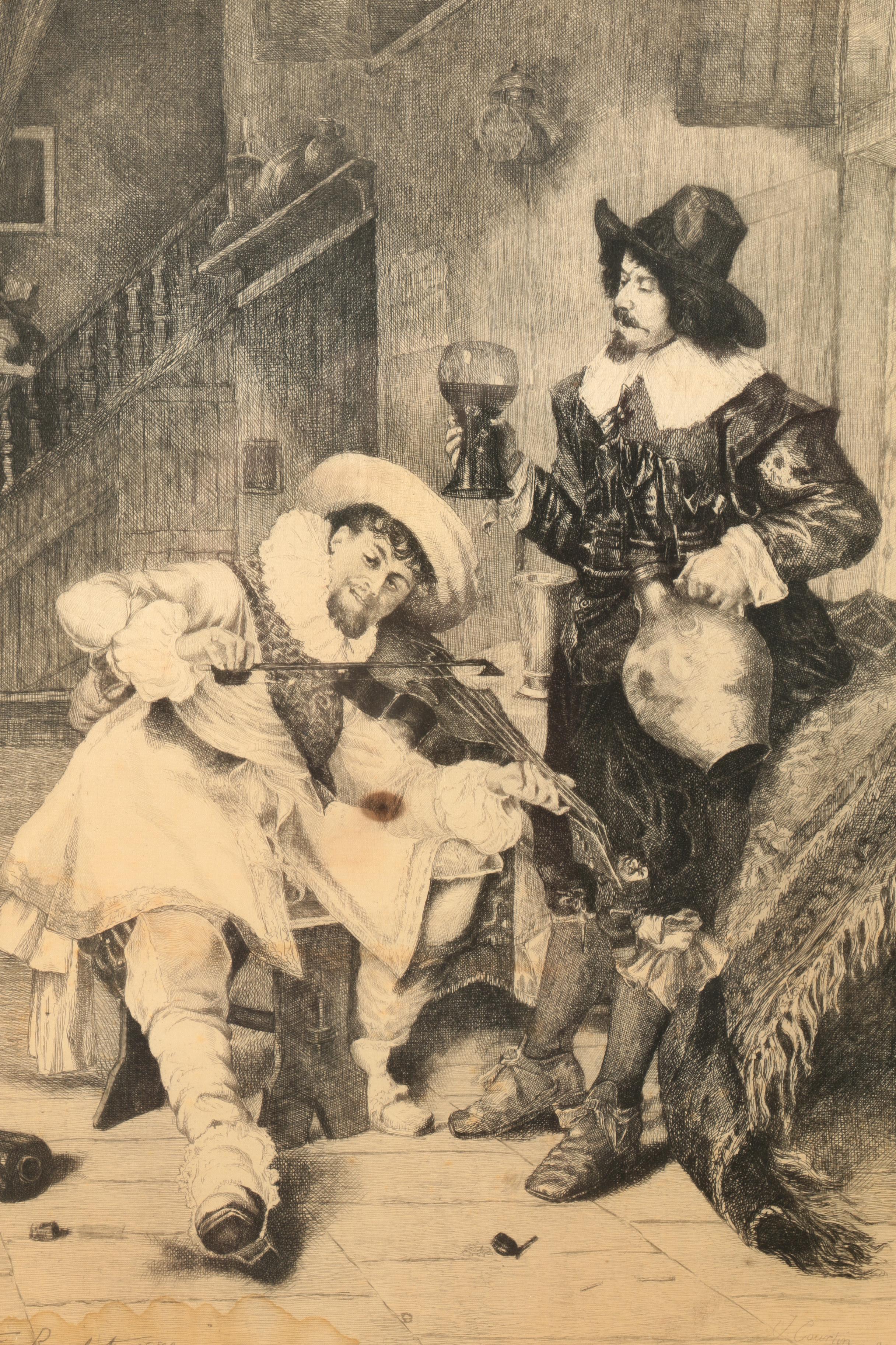 Jules Courtin Etching on Silk After Ferdinand Roybet "The Drinking Song"
