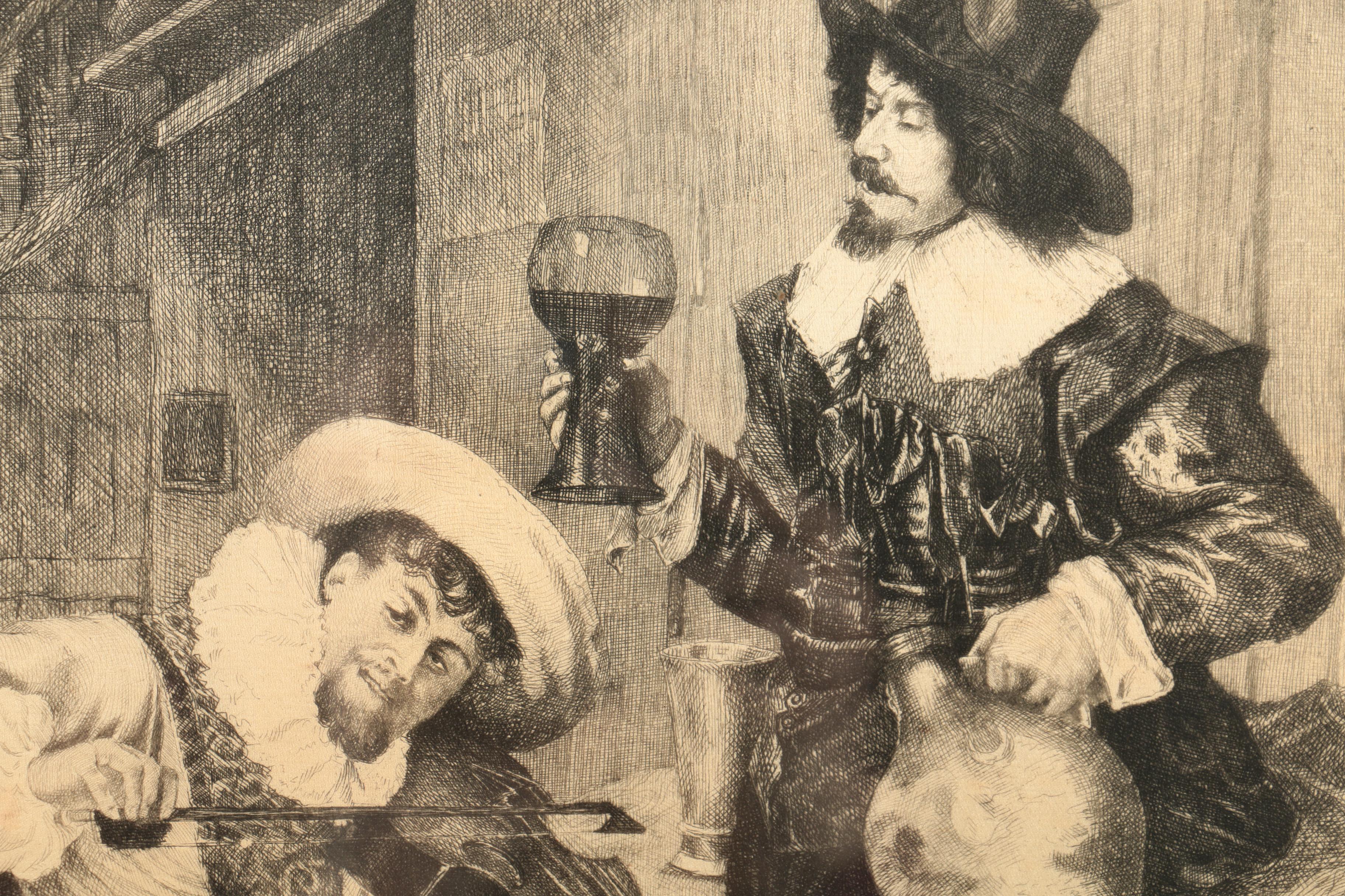 Jules Courtin Etching on Silk After Ferdinand Roybet "The Drinking Song"