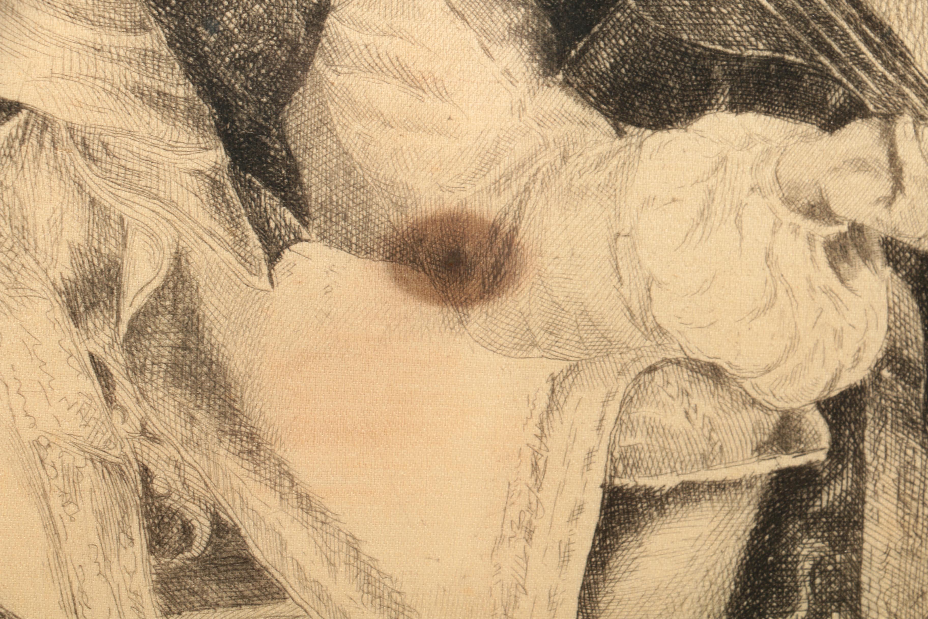 Jules Courtin Etching on Silk After Ferdinand Roybet "The Drinking Song"