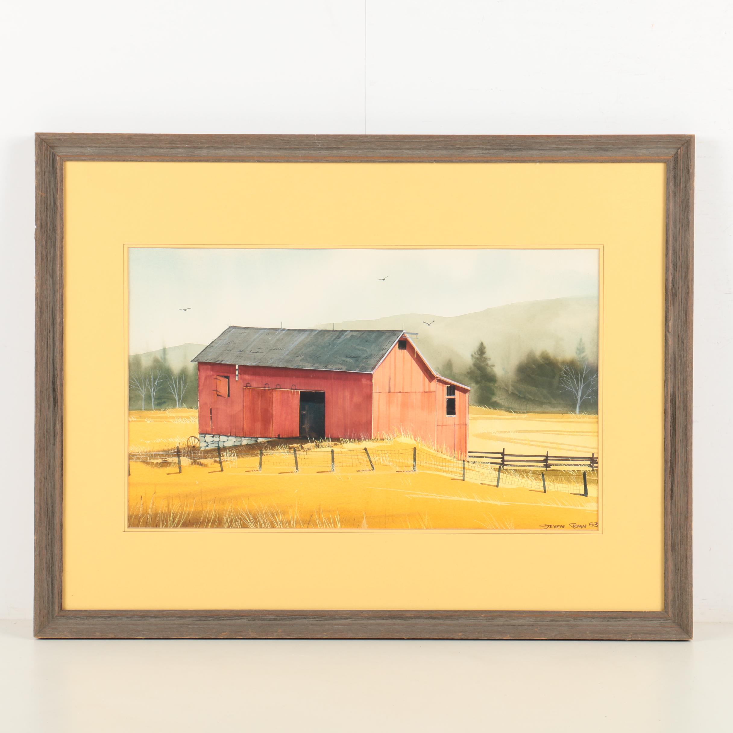 Steven Cryan Watercolor on Paper of Red Barn