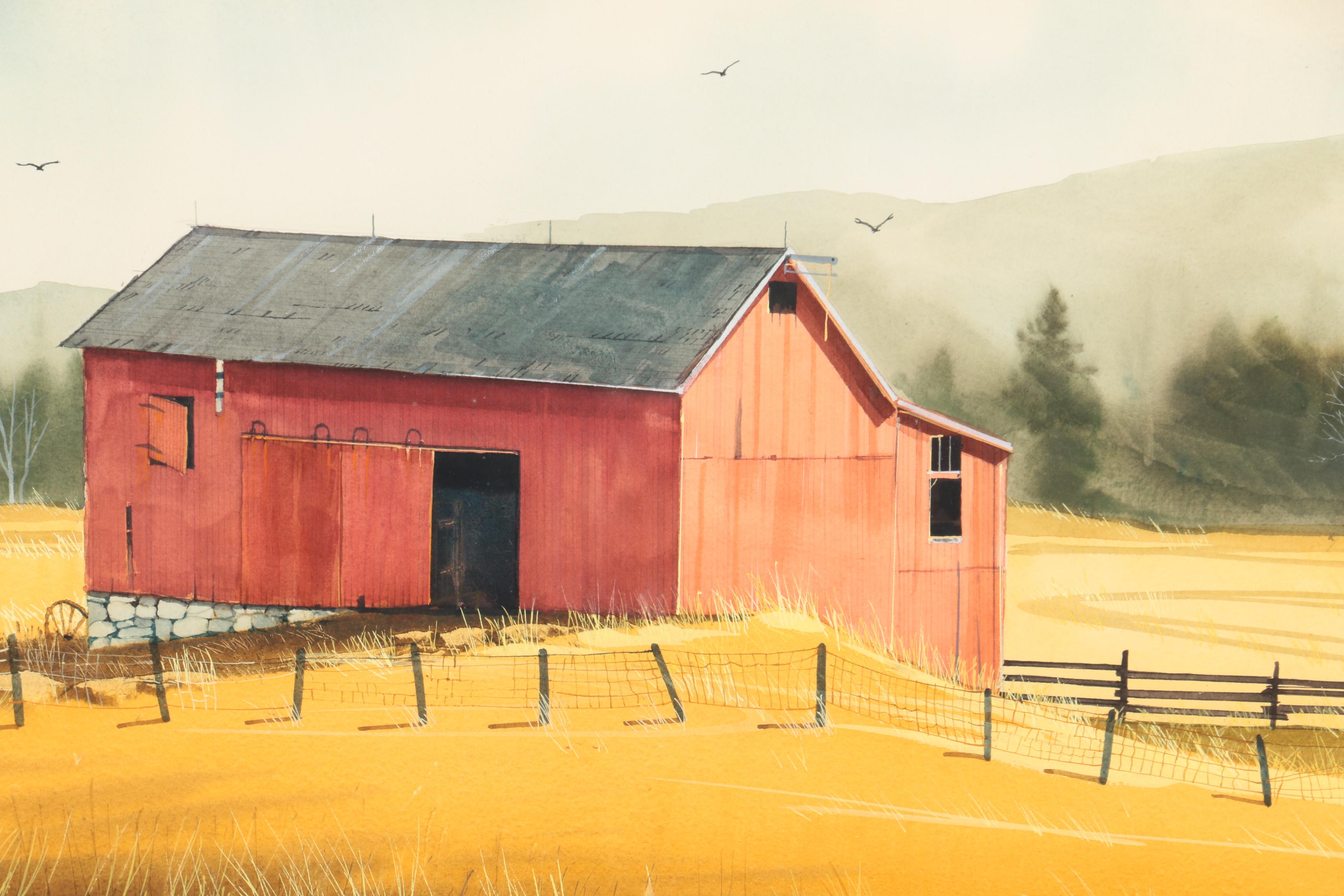 Steven Cryan Watercolor on Paper of Red Barn