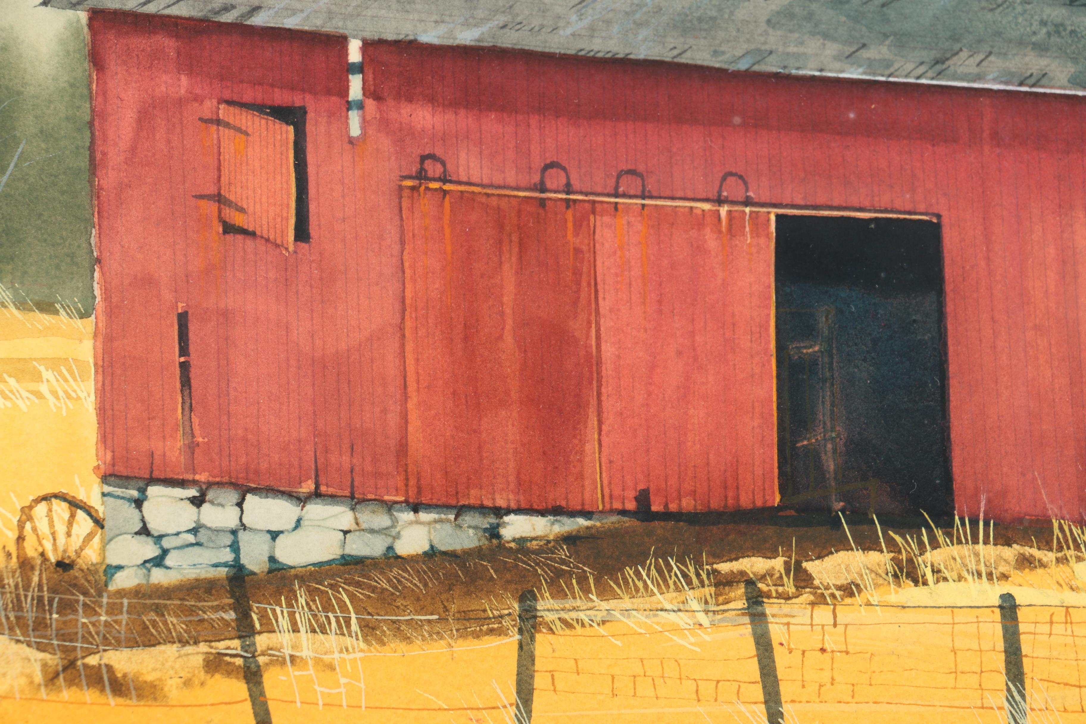 Steven Cryan Watercolor on Paper of Red Barn