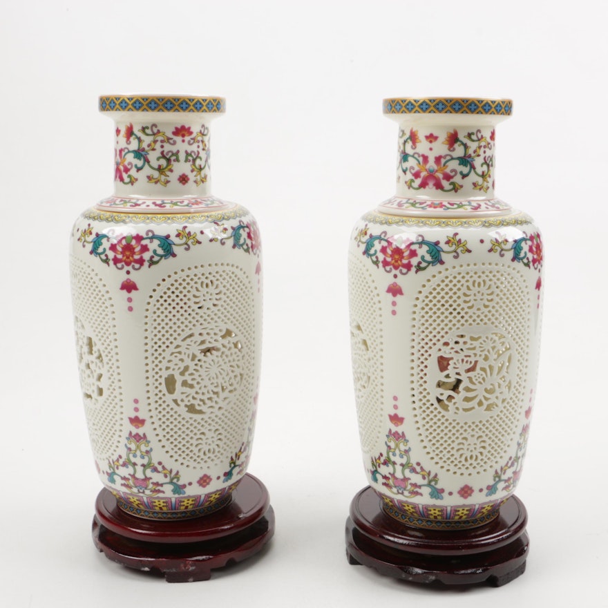 Chinese Porcelain Vases with Wooden Stands