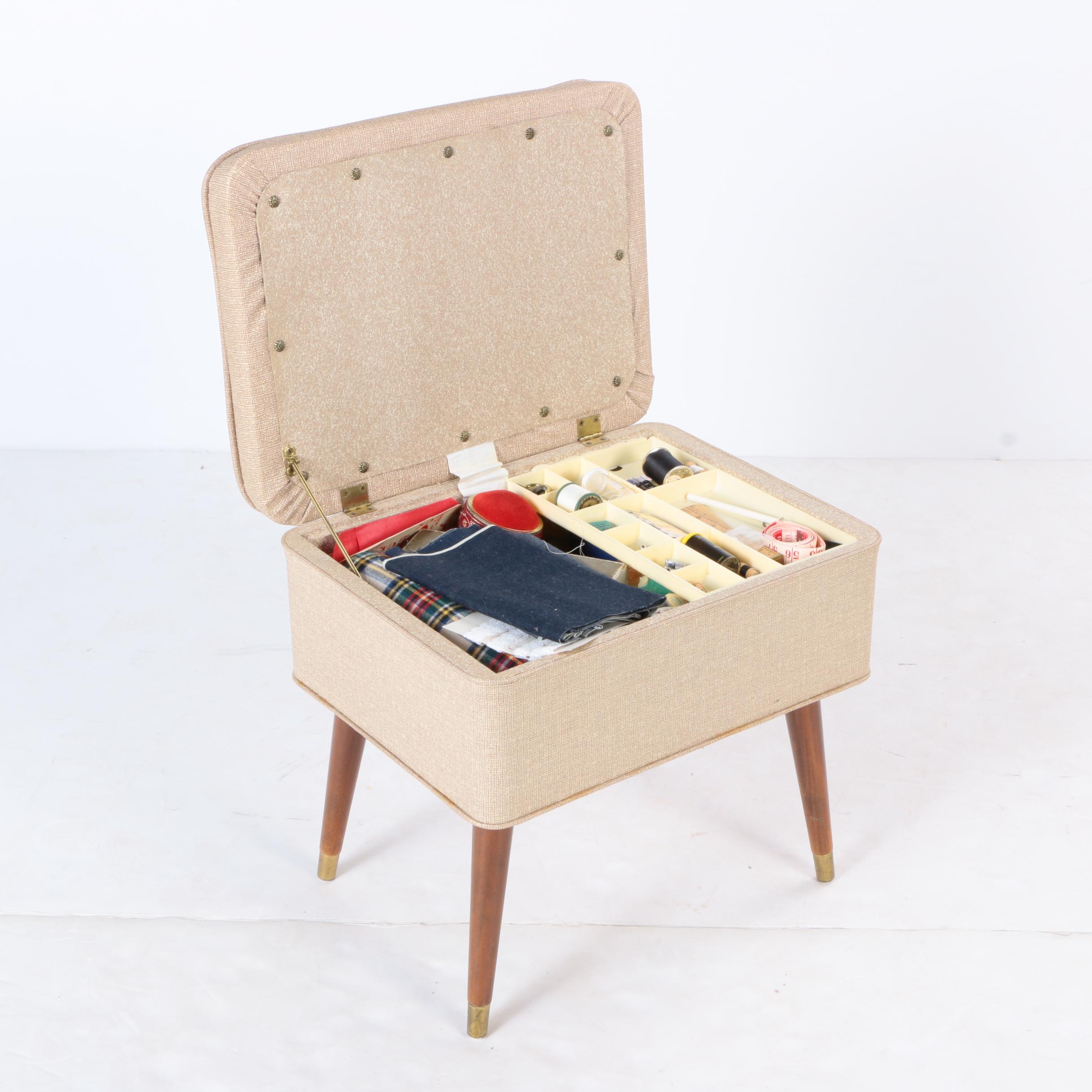 Vintage Mid Century Modern Singer Storage Ottoman and Sewing Supplies