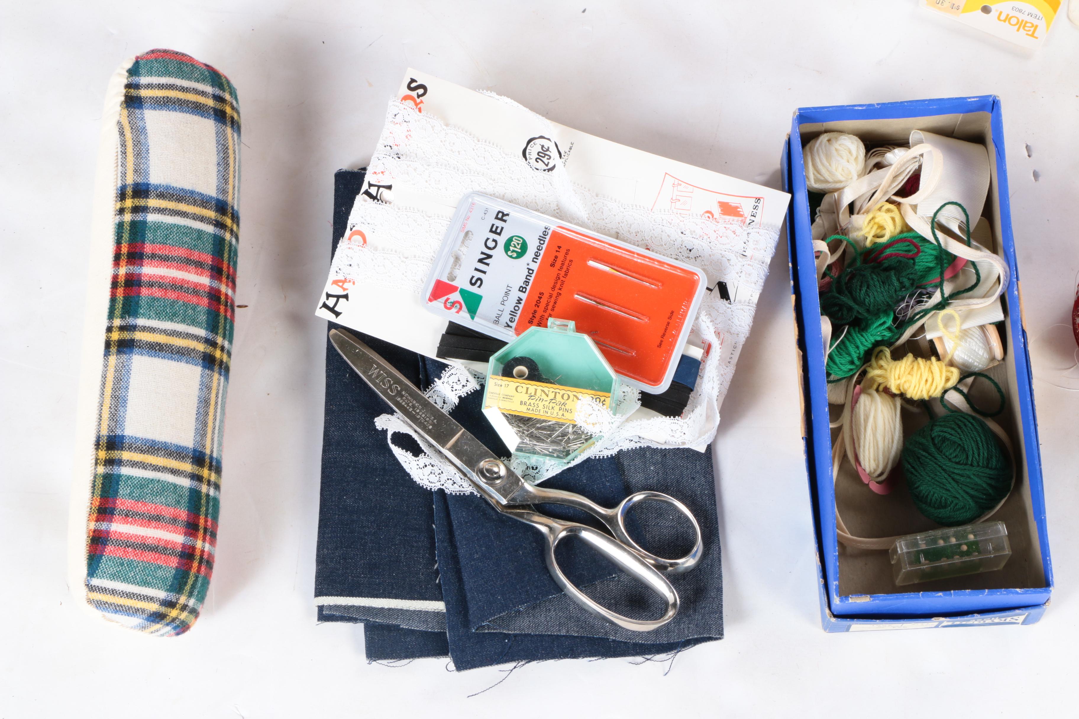 Vintage Mid Century Modern Singer Storage Ottoman and Sewing Supplies