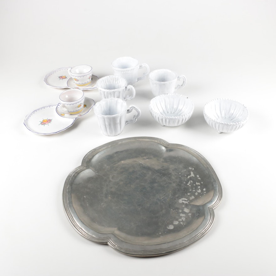 Italian Ceramic Tableware Including Vietri and  Fecit VMC Pewter Tray