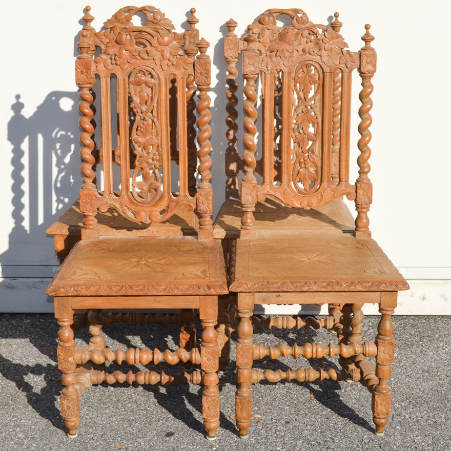 Set of Four Antique Italian Renaissance Style Carved Oak Dining Chairs