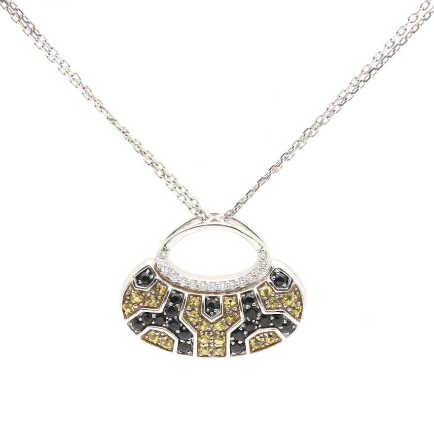 18K White Gold Diamond, Blue and Yellow Sapphire Purse Pendant Necklace