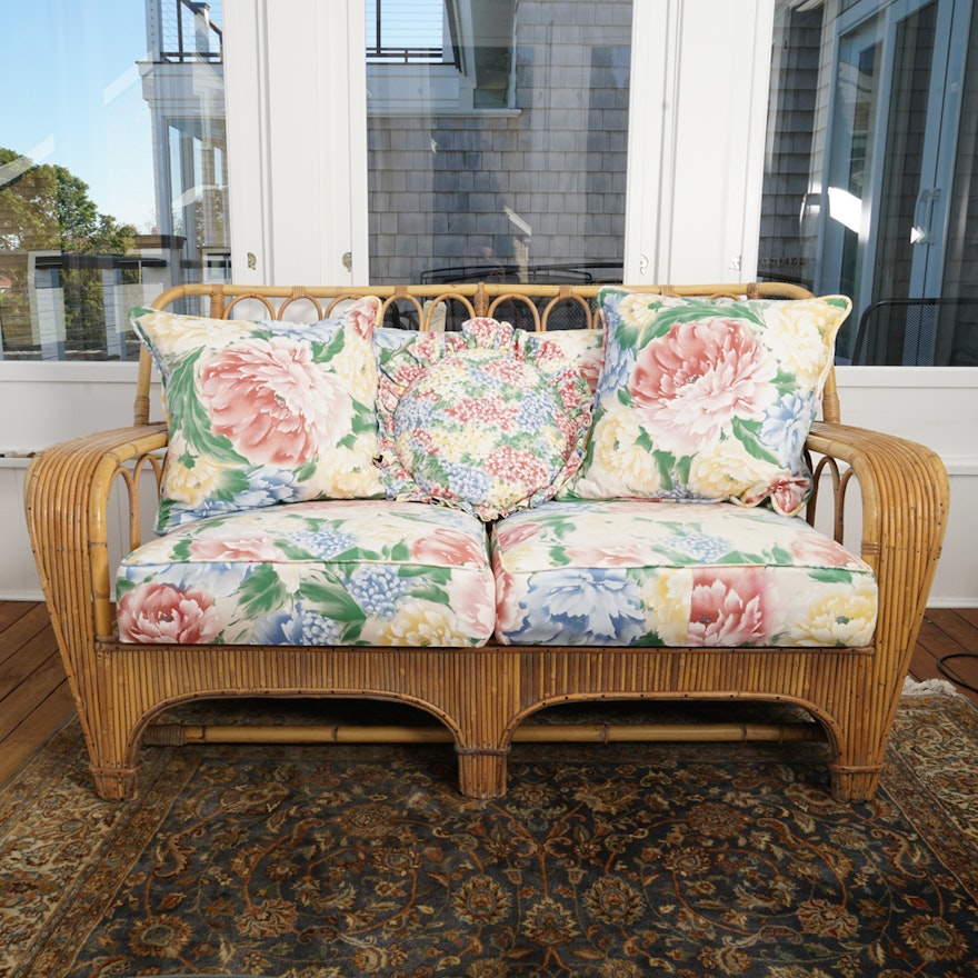 Vintage Rattan Loveseat with Cushions