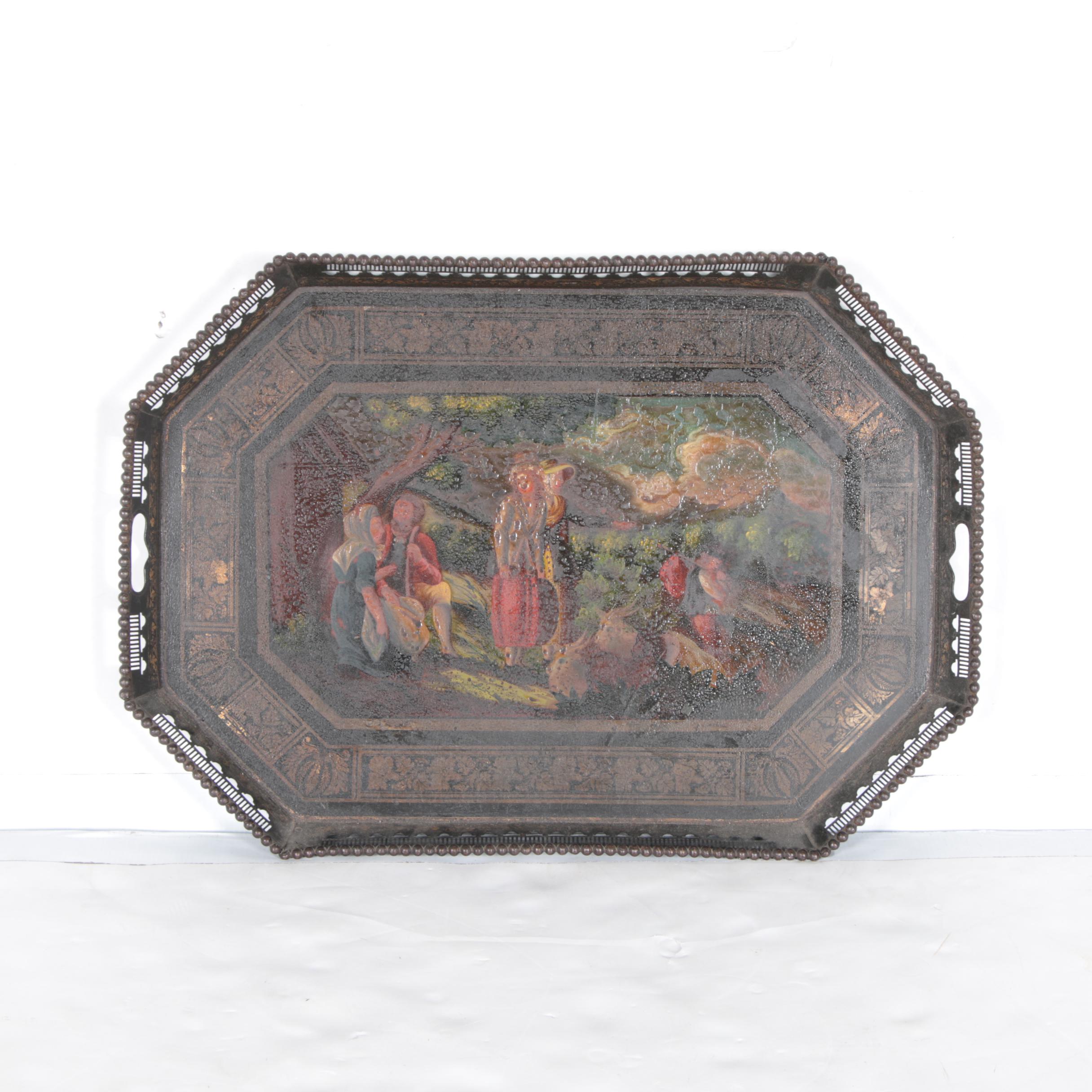 Antique French Tole Tray Depicting Scene of Four Figures Under A Tree