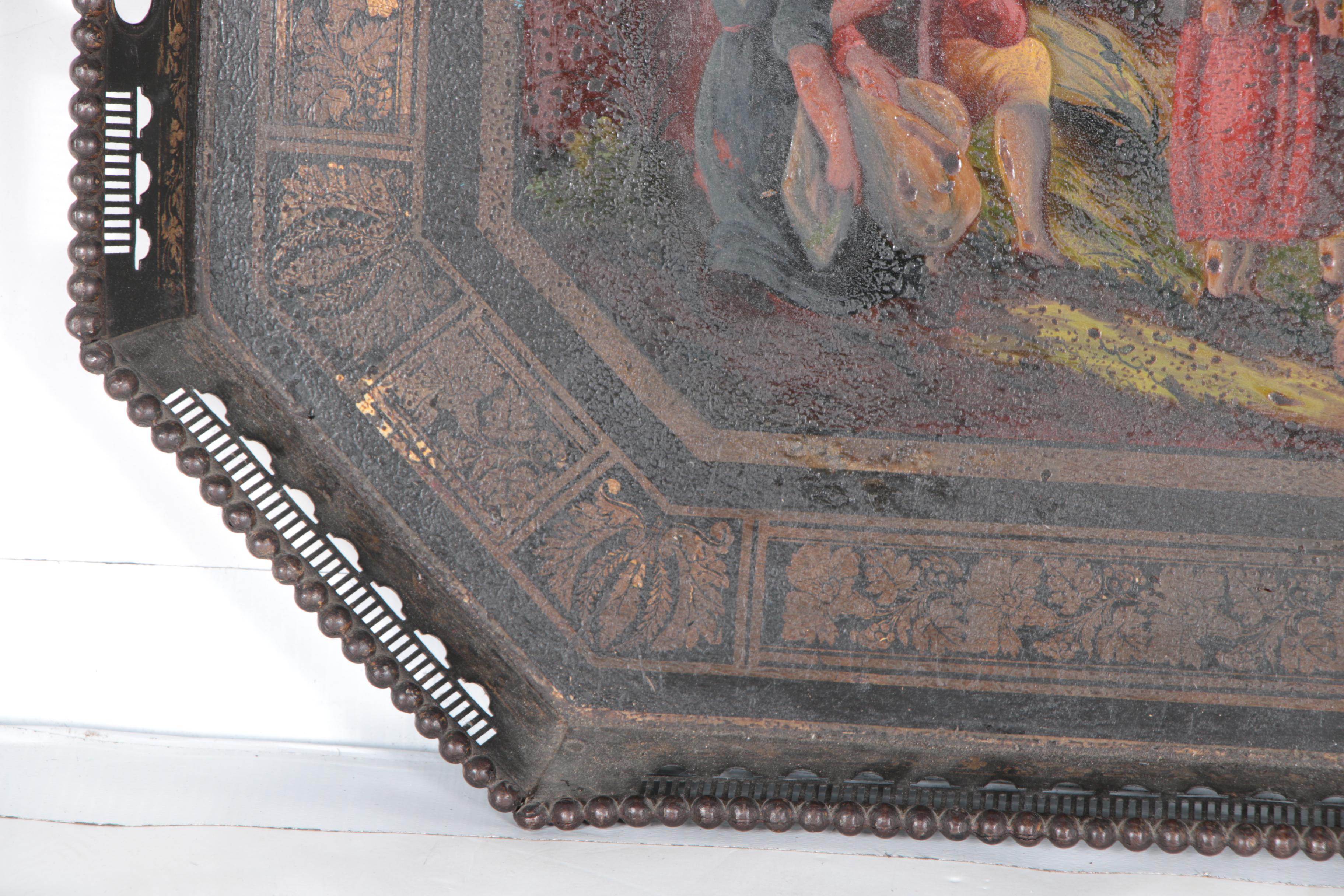 Antique French Tole Tray Depicting Scene of Four Figures Under A Tree