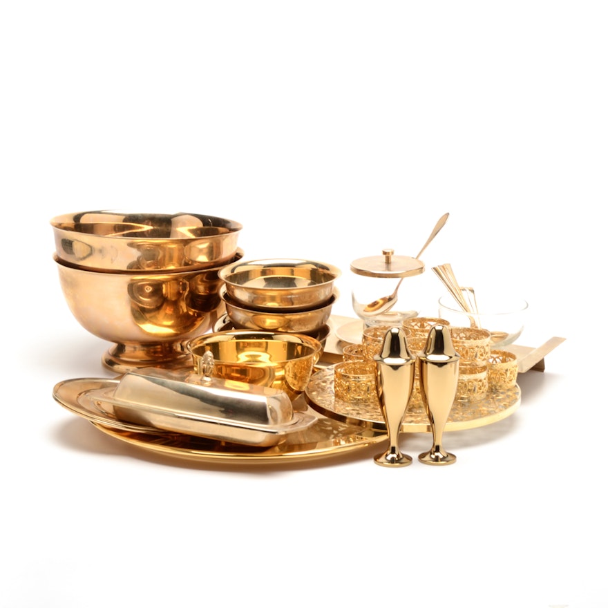 Gold Tone Tableware Including Oneida "Tudor"