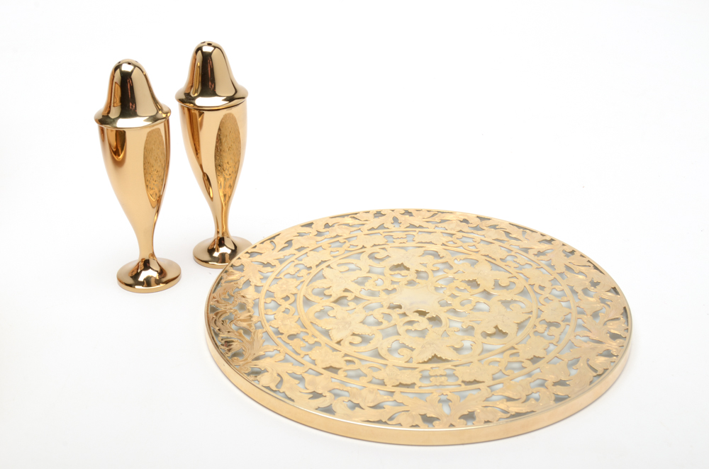 Gold Tone Tableware Including Oneida "Tudor"