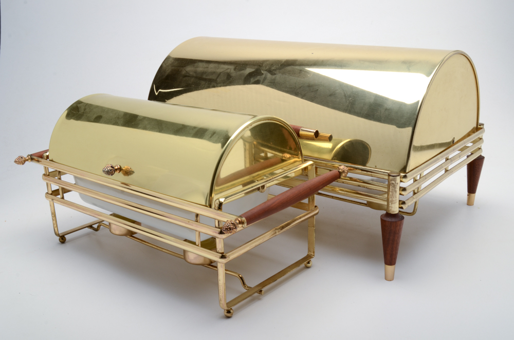 Mid Century Modern Gold Tone Metal Chafing Dishes with Glass Inserts