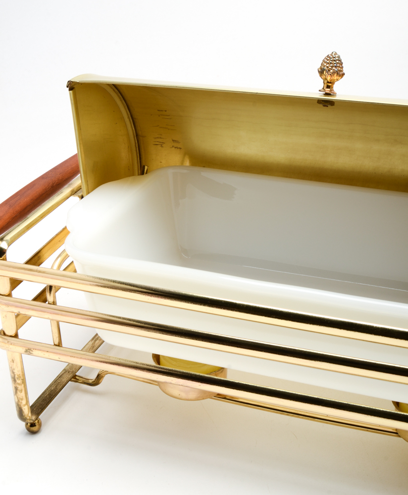 Mid Century Modern Gold Tone Metal Chafing Dishes with Glass Inserts