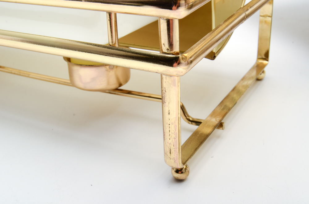 Mid Century Modern Gold Tone Metal Chafing Dishes with Glass Inserts
