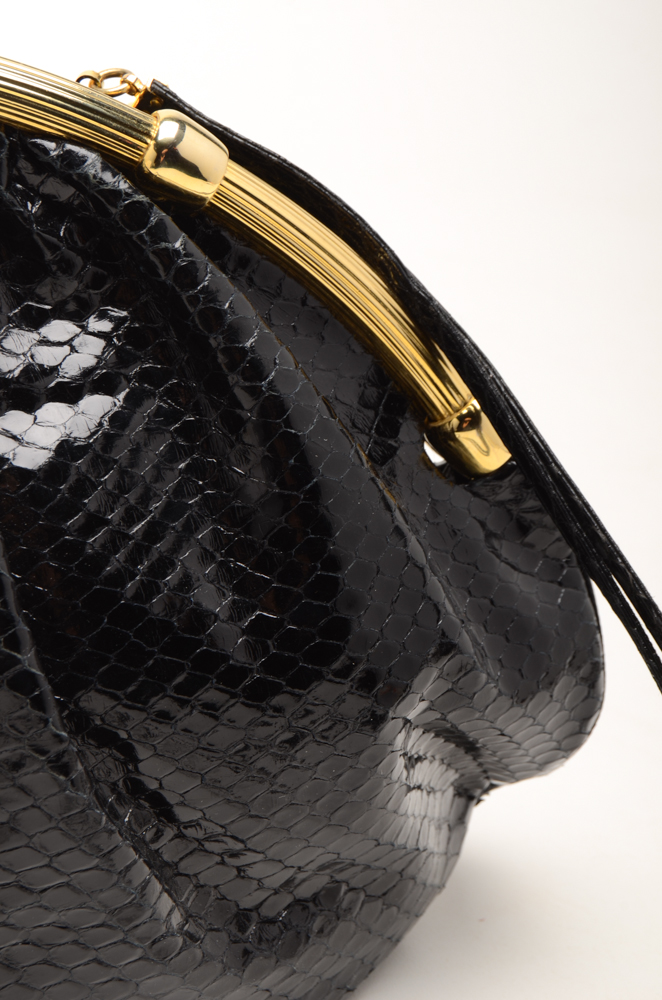 Judith Leiber Designer Snakeskin Black Handbag