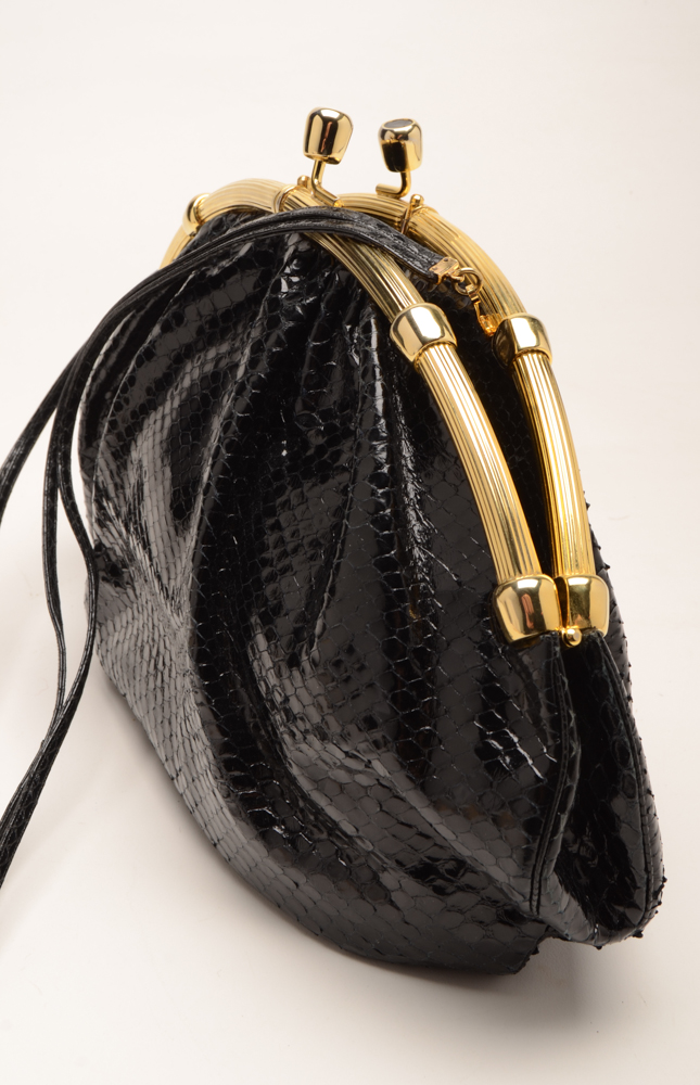 Judith Leiber Designer Snakeskin Black Handbag