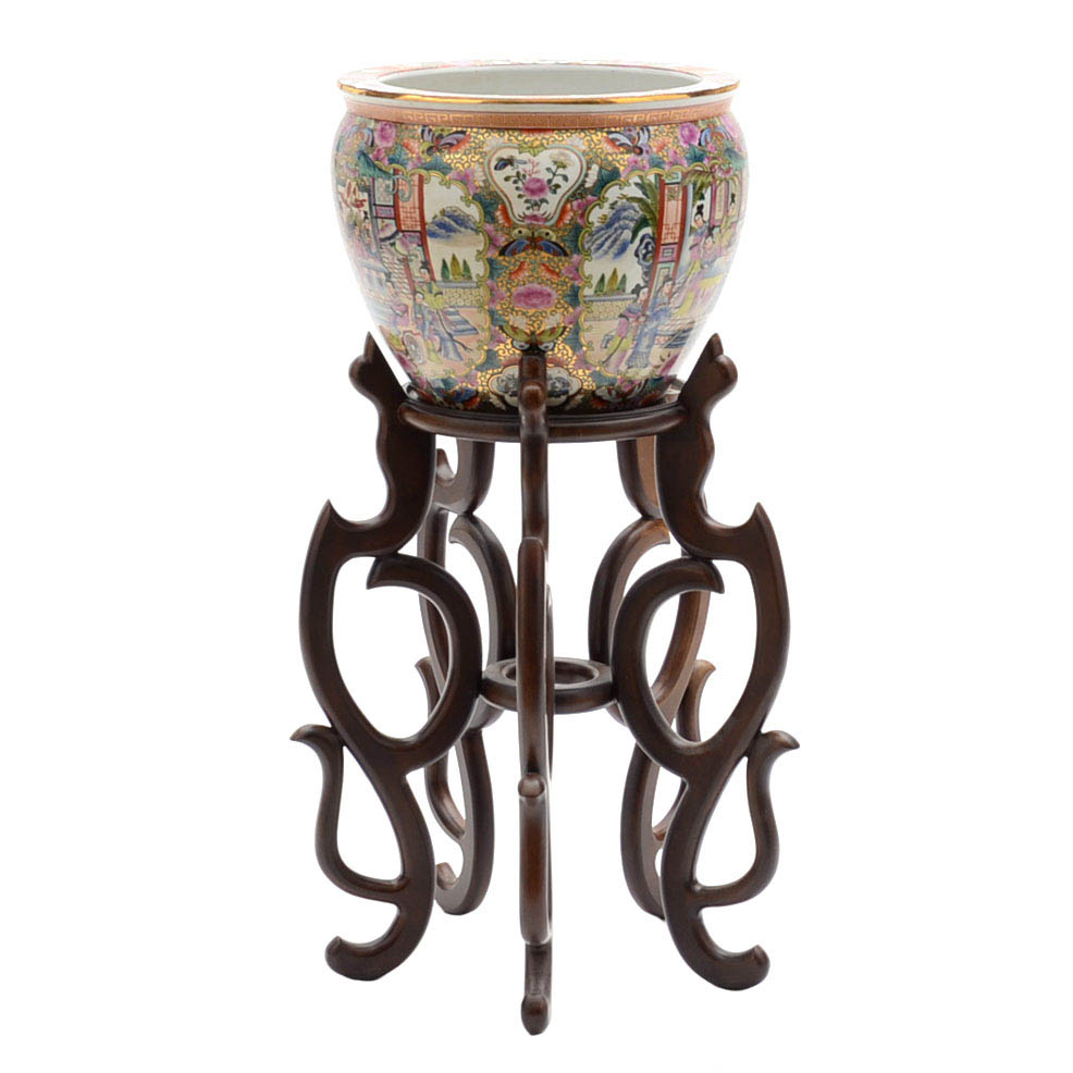 Chinese Fishbowl Garden Pot with Wooden Stand