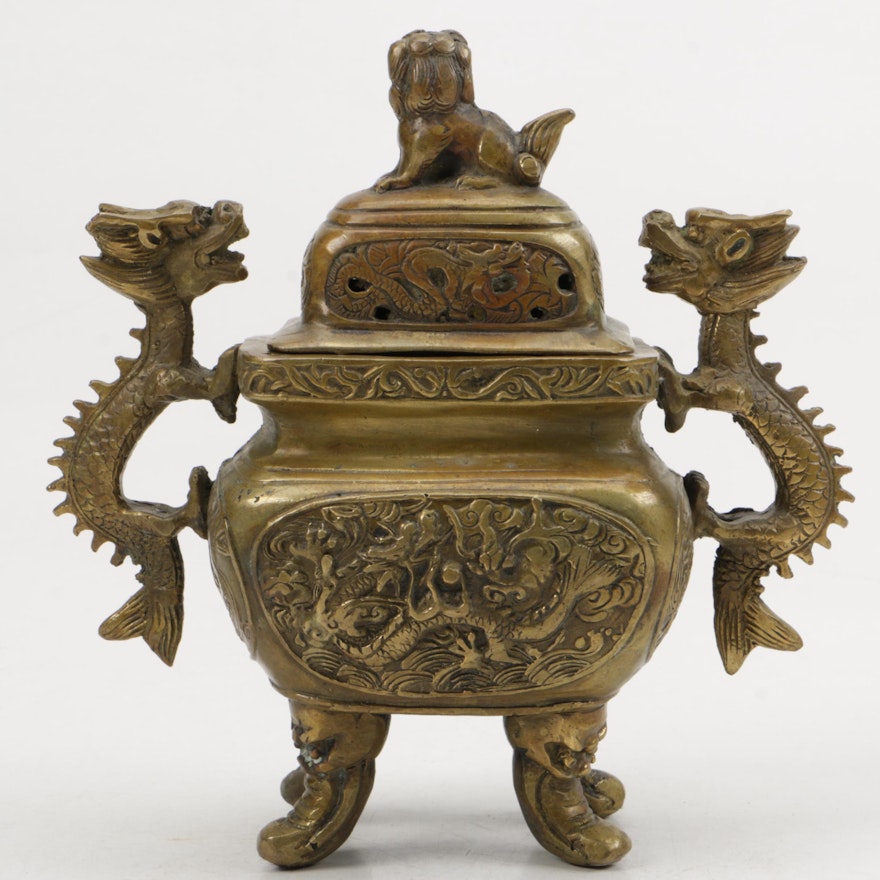 A Brass Guardian Lion and Dragon Censer