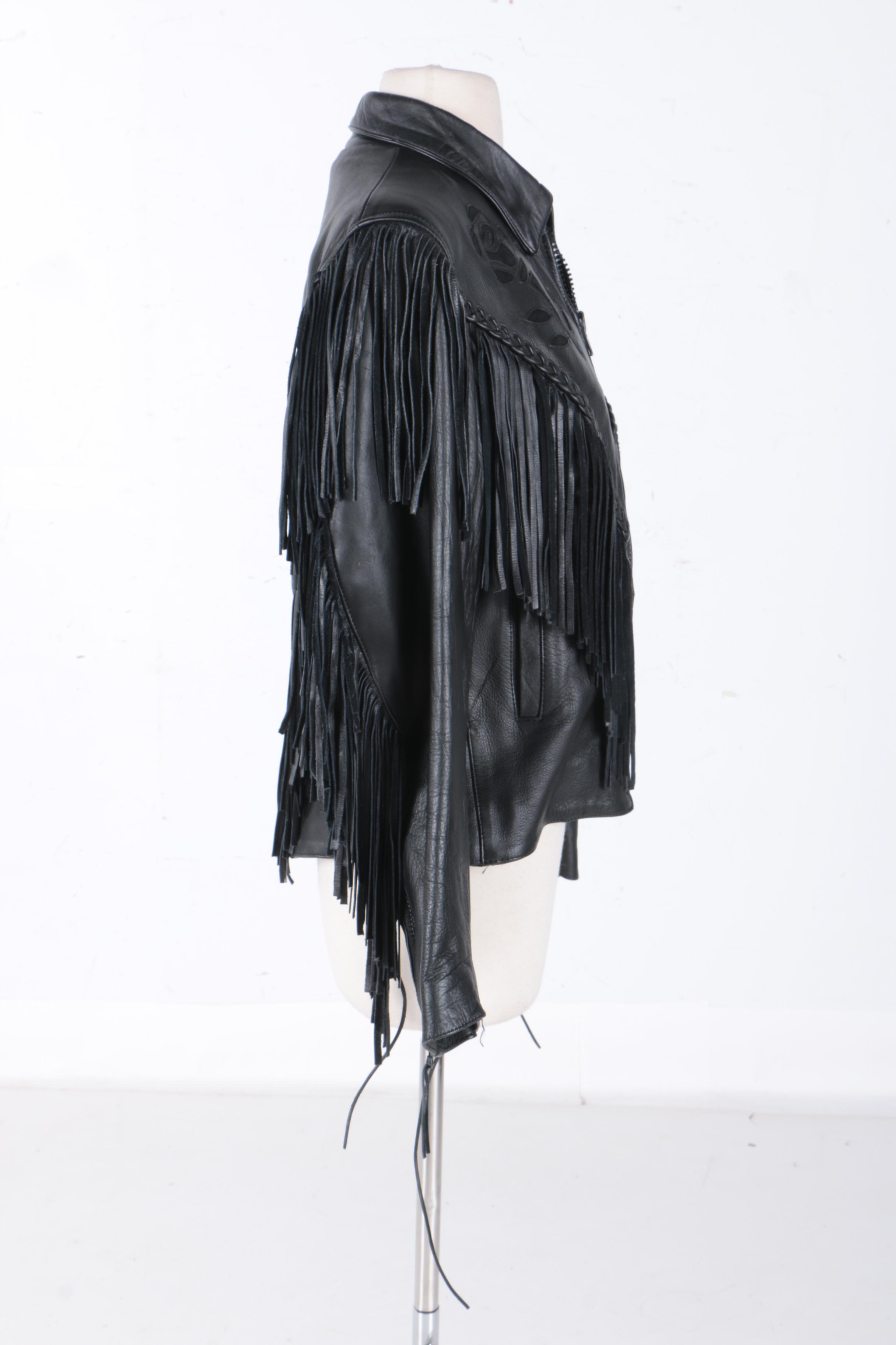Women's Black Leather Fringe Jacket with Rose