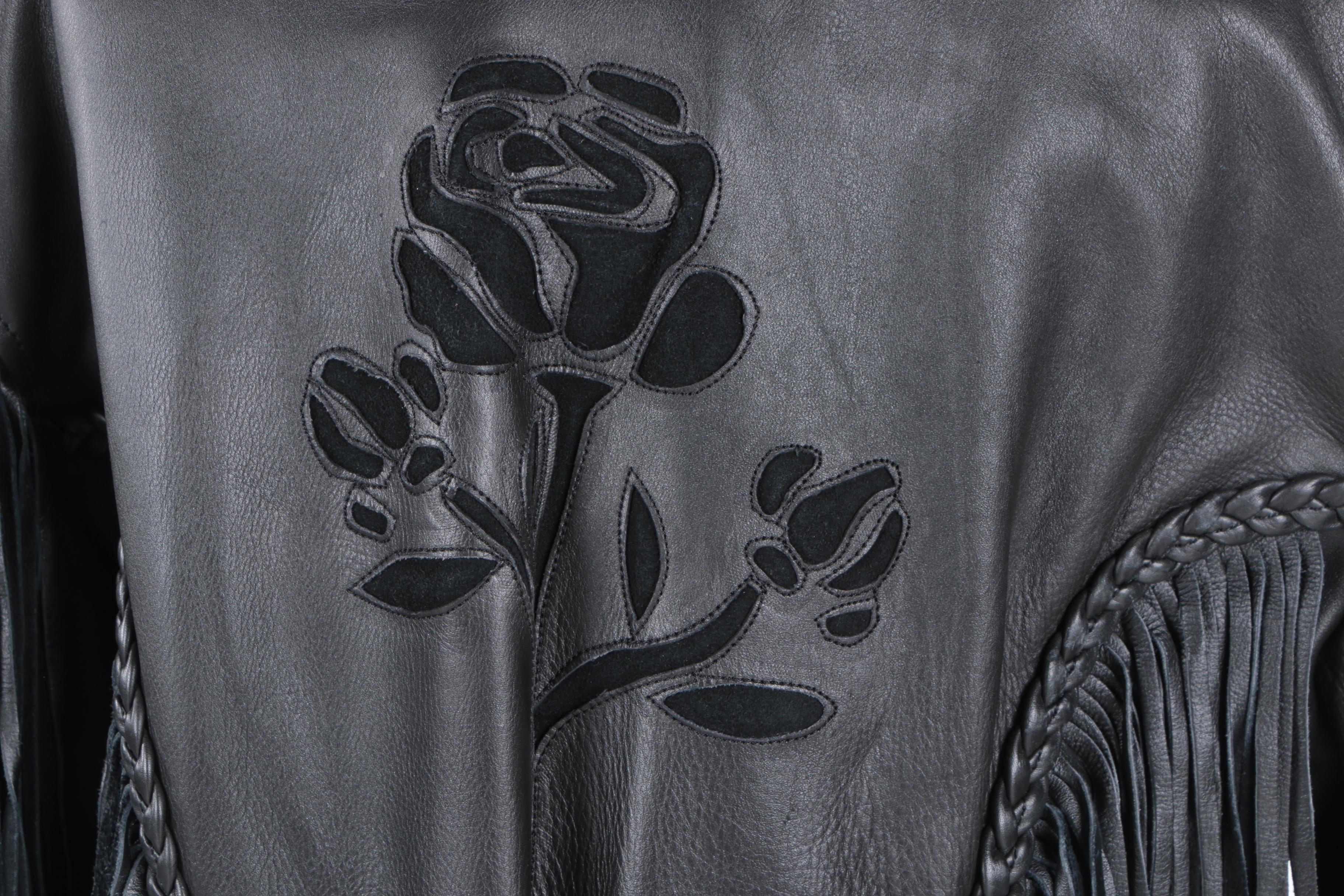 Women's Black Leather Fringe Jacket with Rose