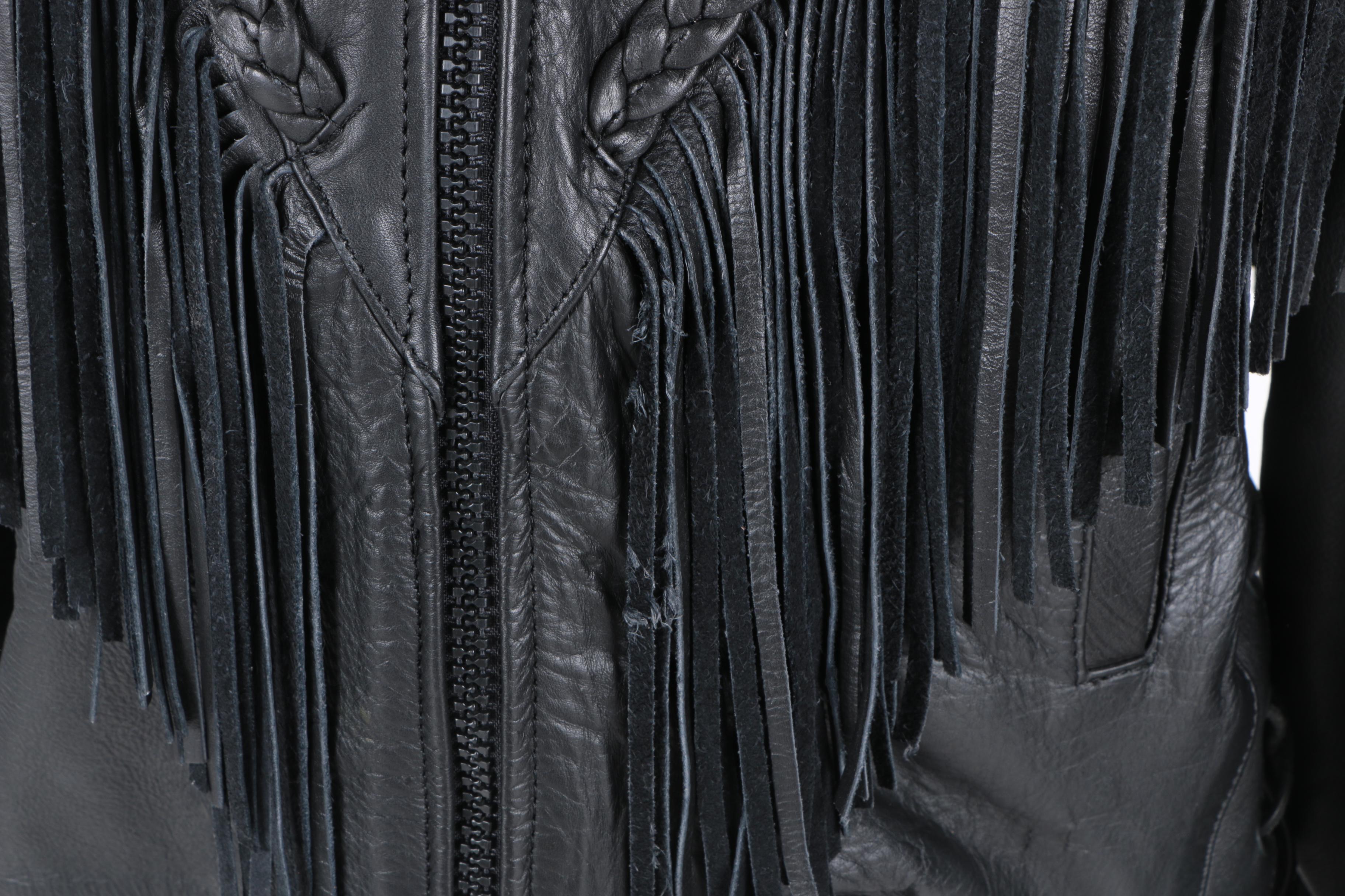 Women's Black Leather Fringe Jacket with Rose