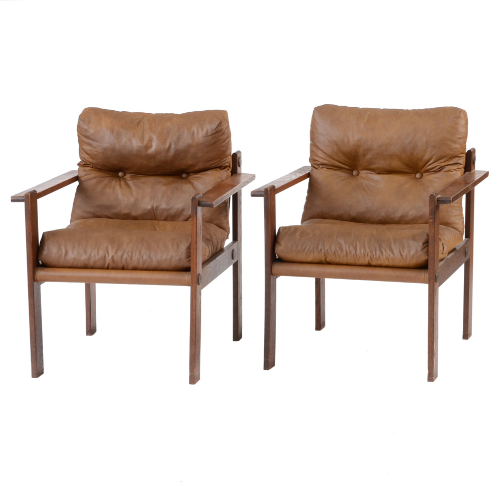Mid-Century Brown Vinyl Sling Seat Arm Chairs
