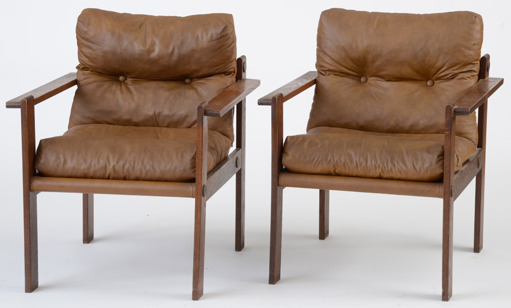 Mid-Century Brown Vinyl Sling Seat Arm Chairs