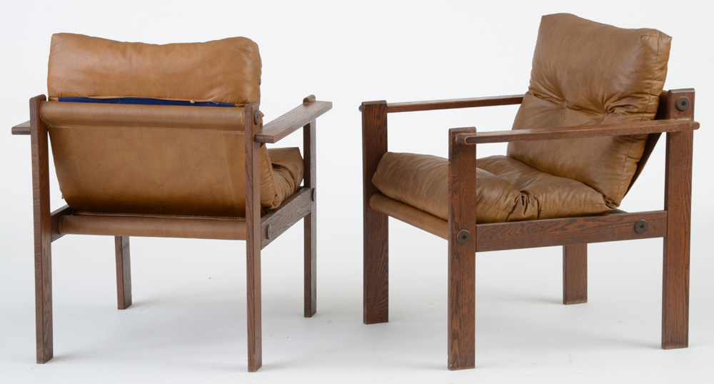 Mid-Century Brown Vinyl Sling Seat Arm Chairs